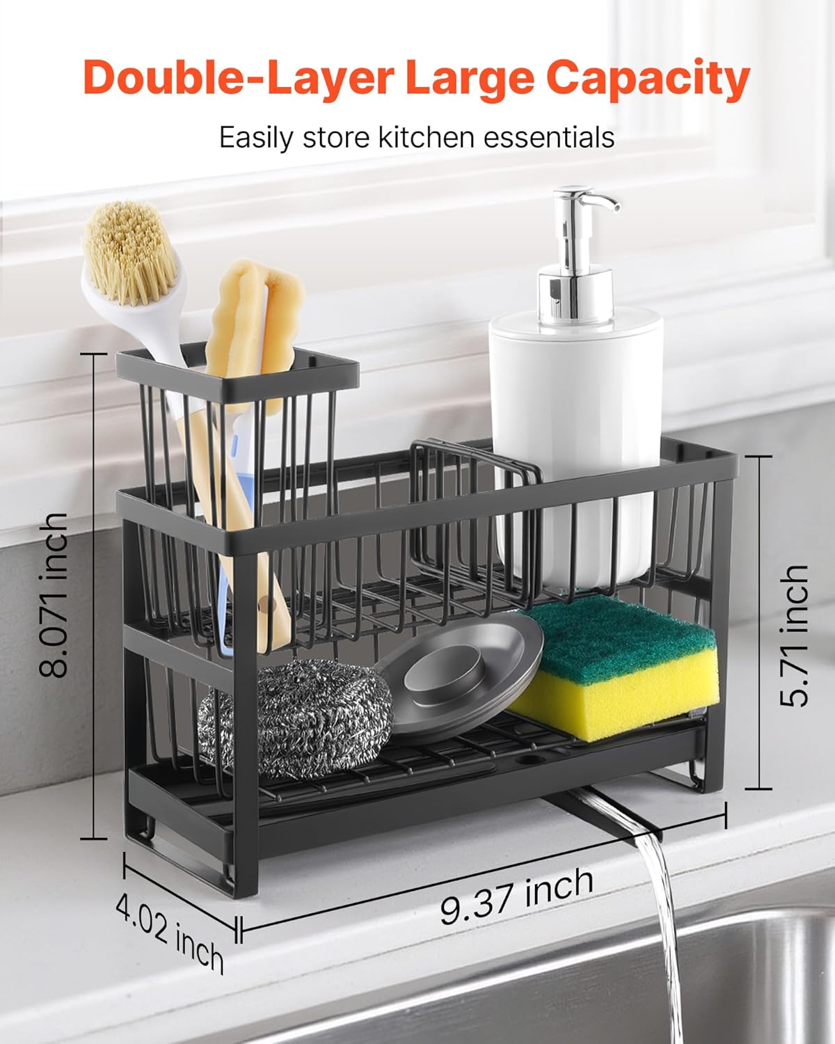 Behome 2-Tier Sponge Holder for Kitchen Sink, Sink Caddy Organizer with Brush Holder and Removable Drain Tray, Rustproof Countertop Organizer for Sponge, Soap Dispenser Storage Accessories