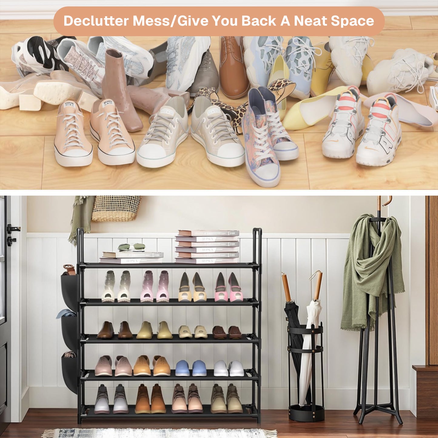 Behome 5-Tier Metal Shoe Rack, Shoe Rack Storage Organizer with Side Pocket, Shoe Shelf for Entryway, Closet, Bedroom, Living Room, Black