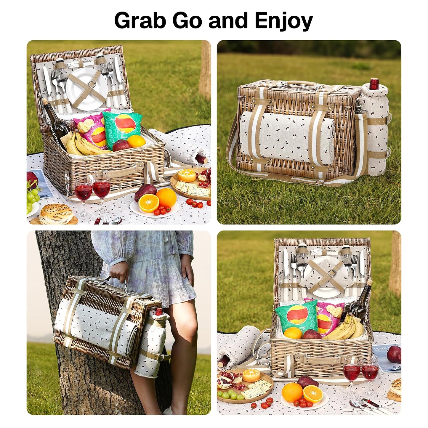 BN-LINK Wicker Picnic Basket for 2, Picnic Basket with Waterproof Blanket & Insulated Liner,Willow Hamper for Picnic, Camping,Travel, Natural