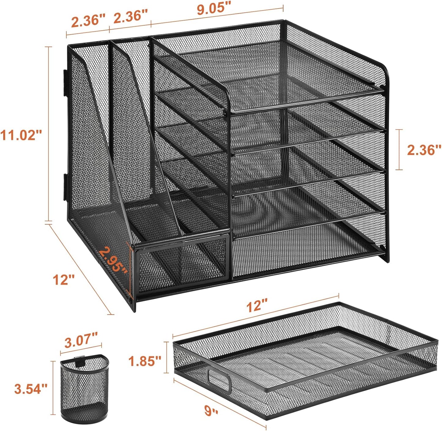 Behome Desk Organizer with File Holder, 5-Tier Desktop File Organizer with Drawer and 2 Pen Holders, Desk File Organizer for Office, Home or School, Black