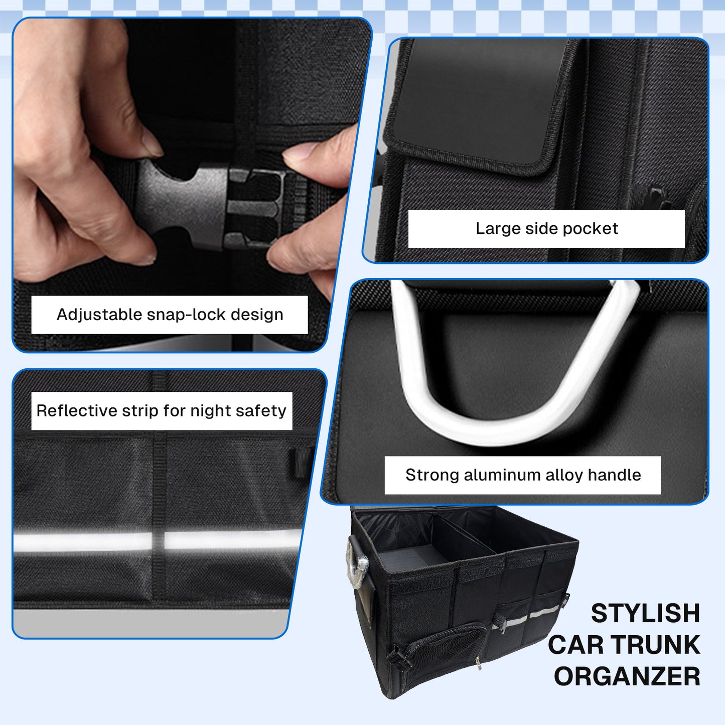 BN-LINK Car Trunk Organizer,52L Foldable Trunk Organizer, Aluminium Alloy Handle Car Storage Organization for Car,SUV, Truck, Black