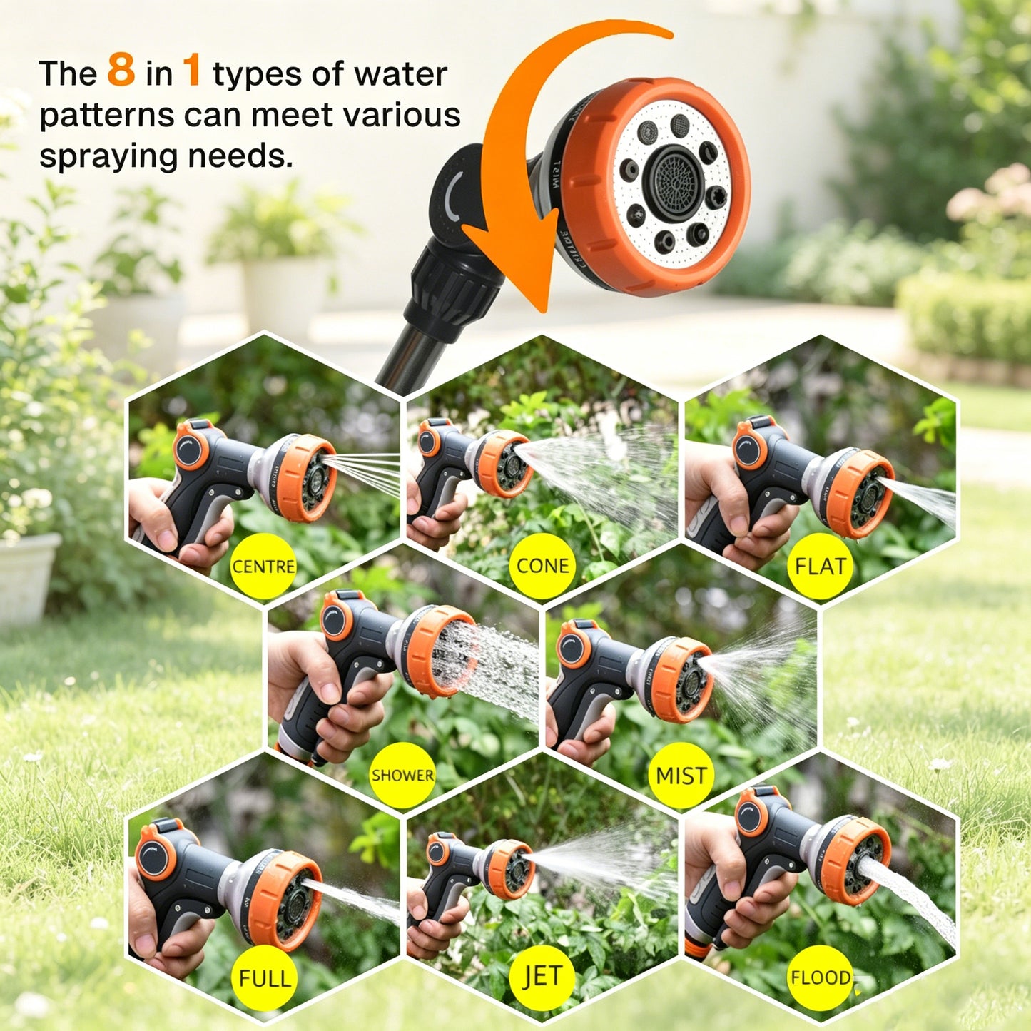BN-LINK Watering Wand,8 Spray Patterns, 180° Adjustable Rotating Head with Thumb Flow Control，Garden Watering Wand for Plants, Flowers, Hanging Baskets,Car Wash