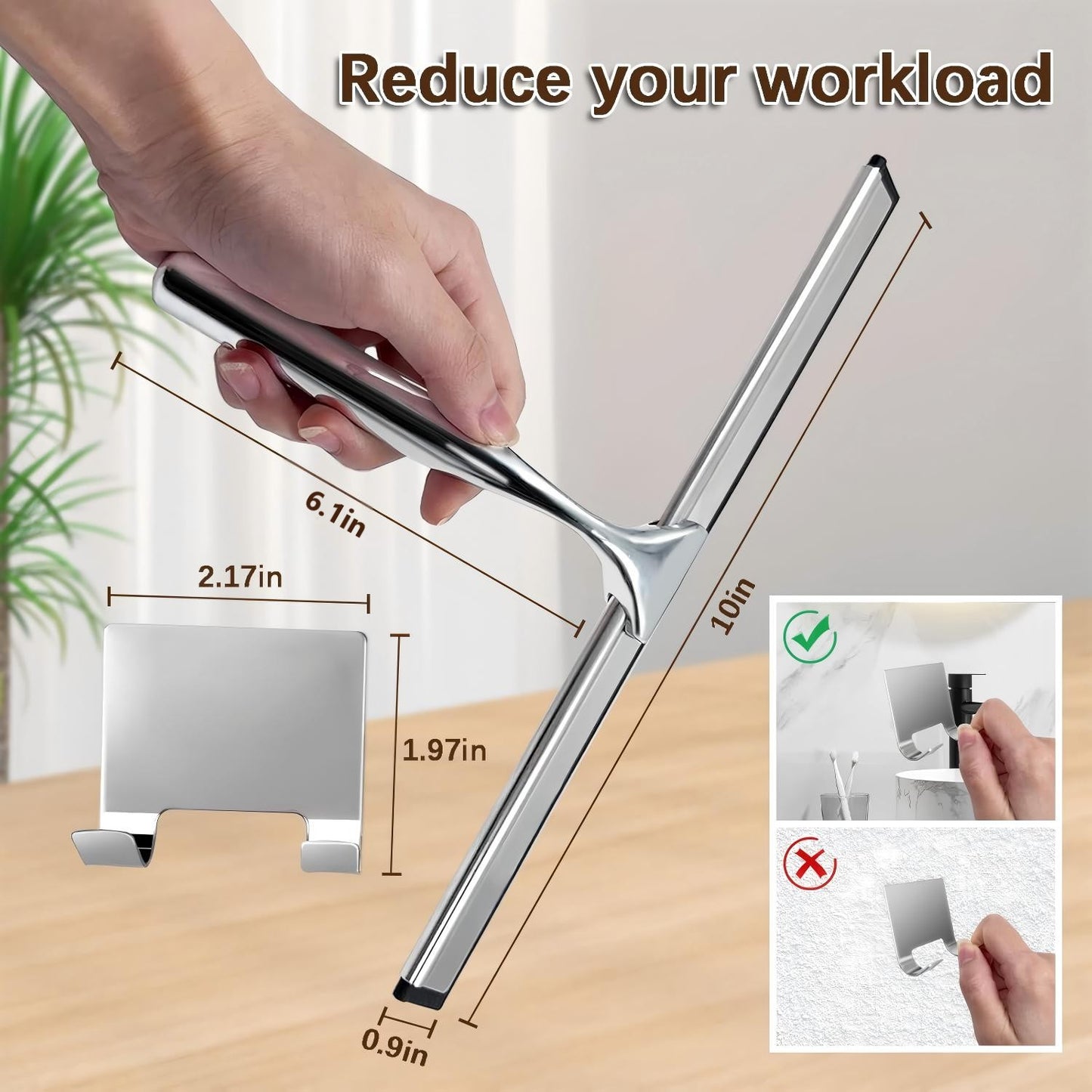 Behome 10 Inch Shower Squeegee for Shower Glass, All-Purpose Stainless Steel Squeegee with Adhesive Hooks, for Shower Doors, Car GlassM, irror and Window, Silver