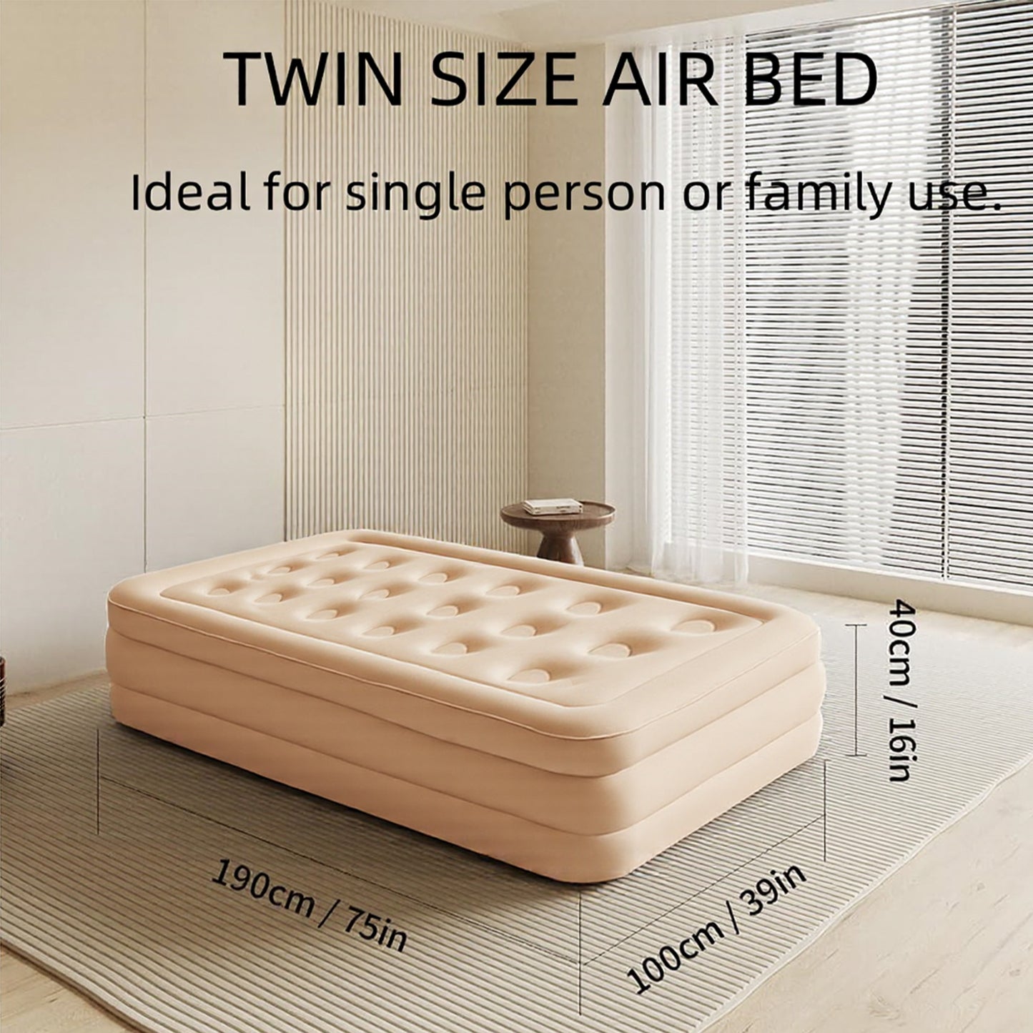BN-LINK Twin Air Mattress, Air Mattress with Built in Pump, Inflatable Air Mattress for Guests, Camping & Home, 330lb Weight Capacity, 75 x 39 x 16 Inches, Khaki
