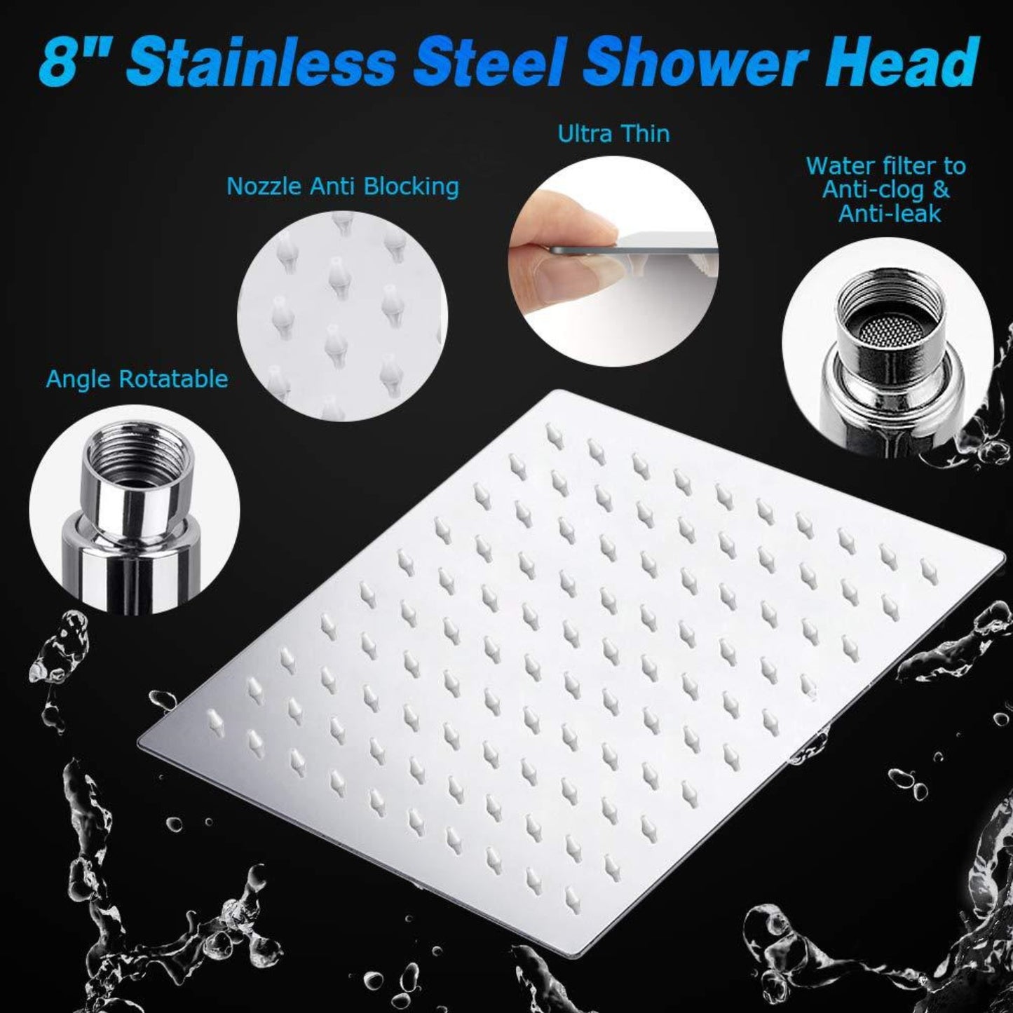 BN-LINK 8 Inch Rain Shower Head Combo, High Pressure Shower Head with 9 Spray Pattern, 11 Inch Extension Arm, Height/Angle Adjustable Anti-leak Shower Head with Holder/Hose