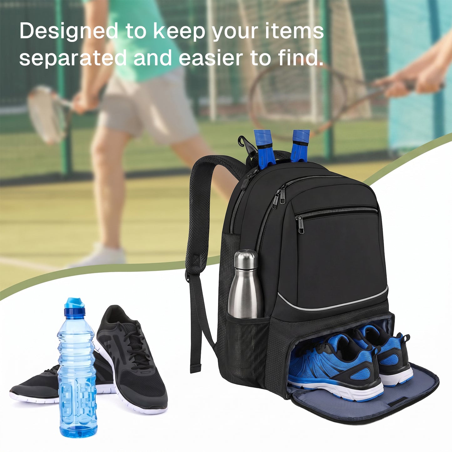 Behome Tennis Bag Holds 2 Rackets, Tennis Backpack with Breathable Padded Straps, Fence Hook, Insulated Pocket & Ventilated Shoe Compartment, Water Resistant Tennis Bags for Women, Men