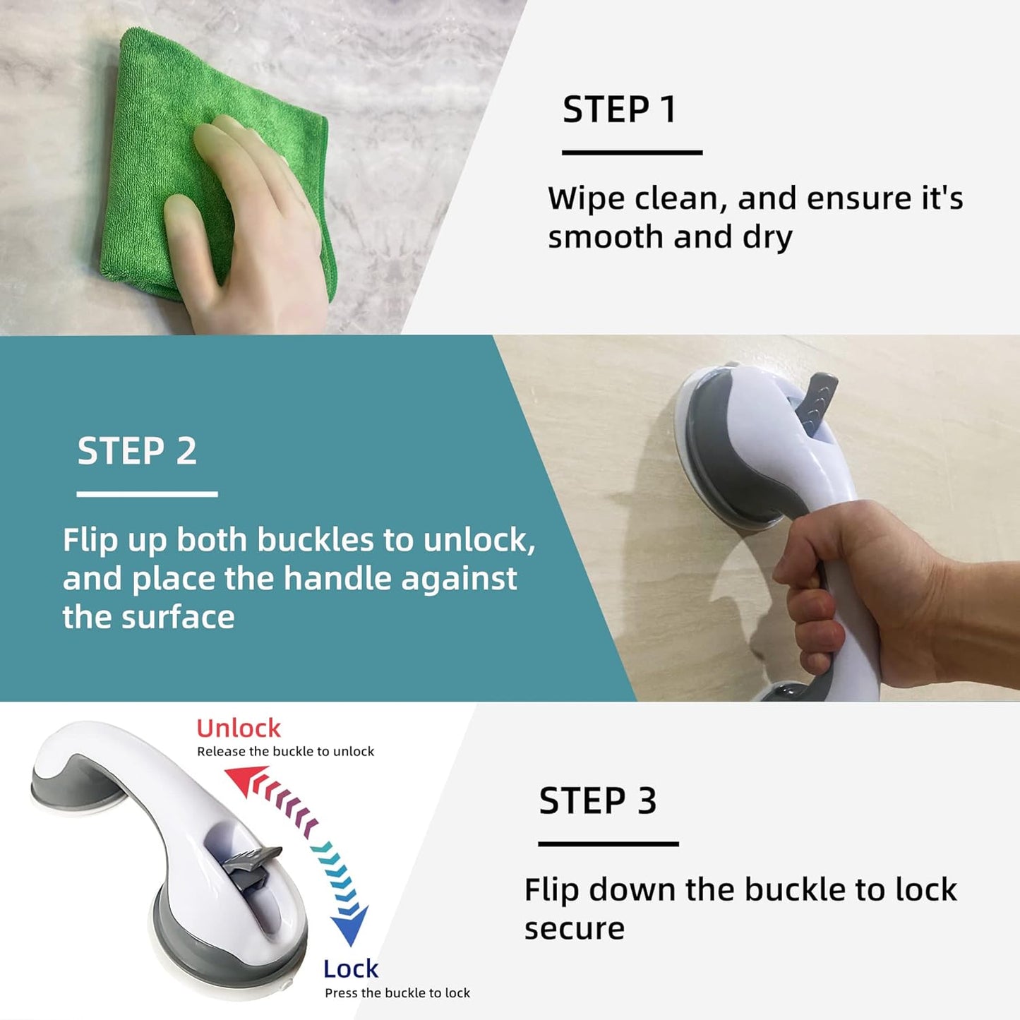 Behome 2 Pack Shower Grab Bar, 16’’ Suction Shower Handles for Bathtubs and Showers, Removable Handrails for Seniors Elderly, No Drilling