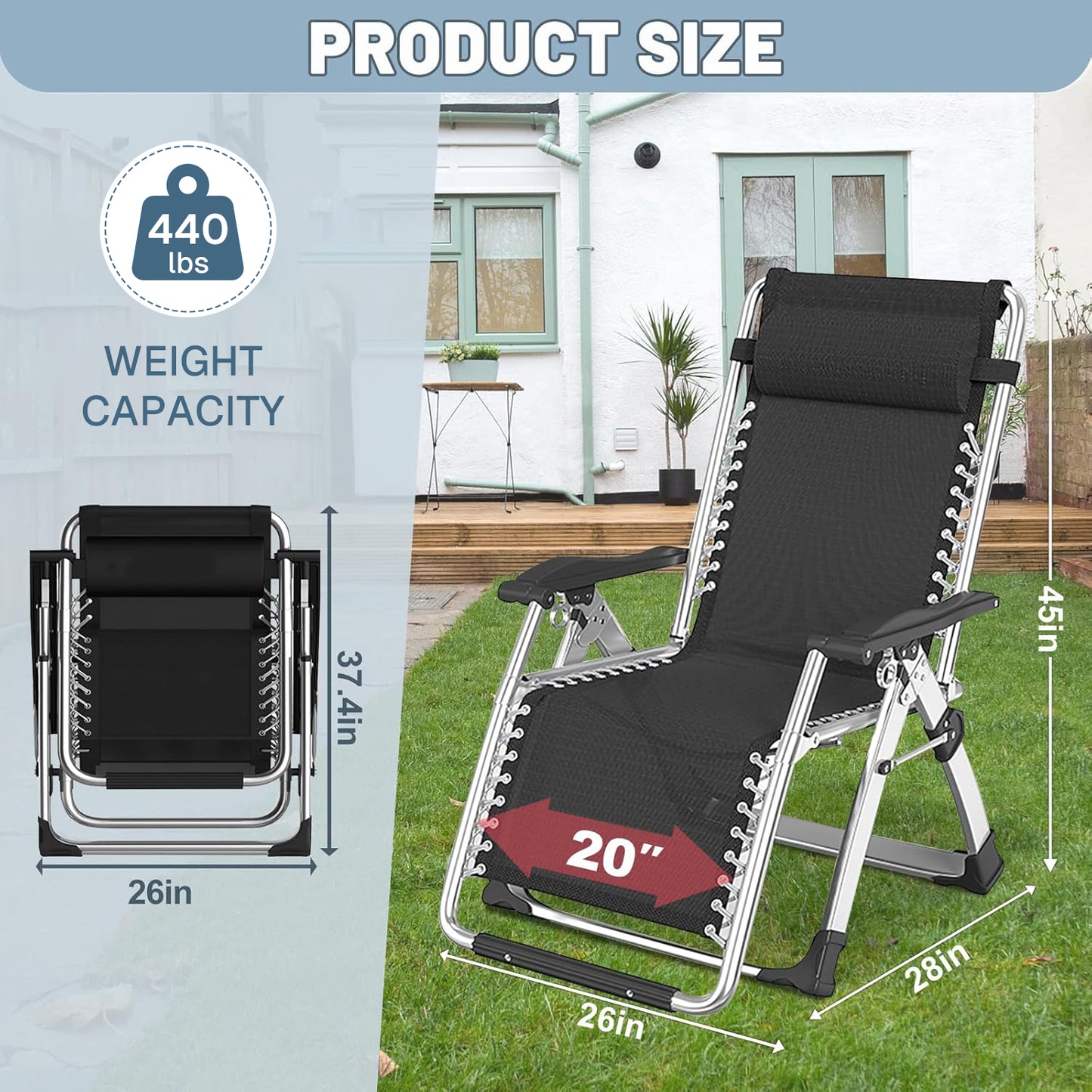 BN-LINK Zero Gravity Lounge Chair, Adjustable Folding Recliner with Pillow and Detachable Cup Holder, Outdoor Lounge Chair Suitable for Backyard, Camping, Beach