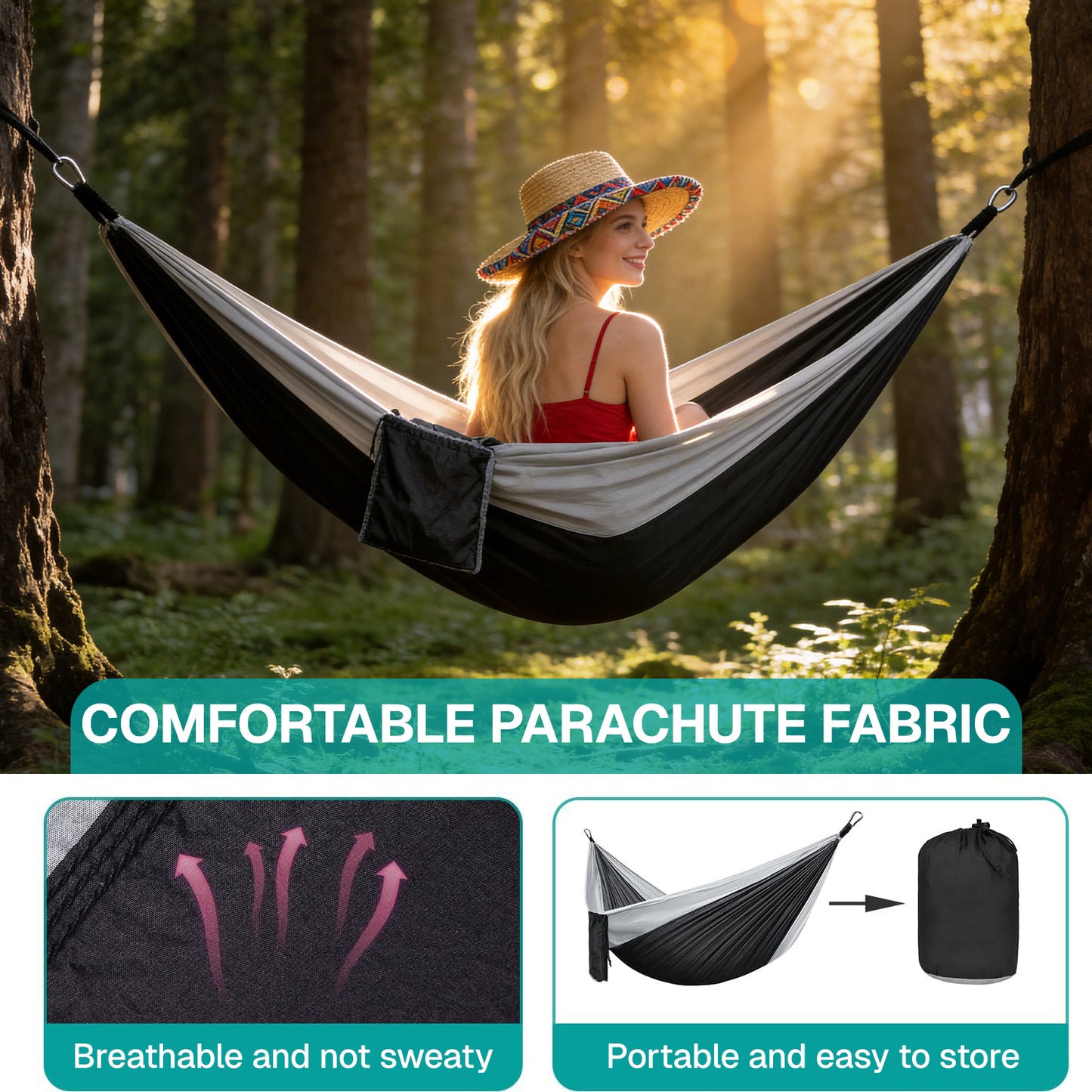 BN-LINK Camping Hammock with Net, Portable Lightweight Hammocks with Tree Straps, Outdoor Hammocks for Backpacking,Beach,Backyard,Patio,Hiking,440 lb Capacity,Gray Black