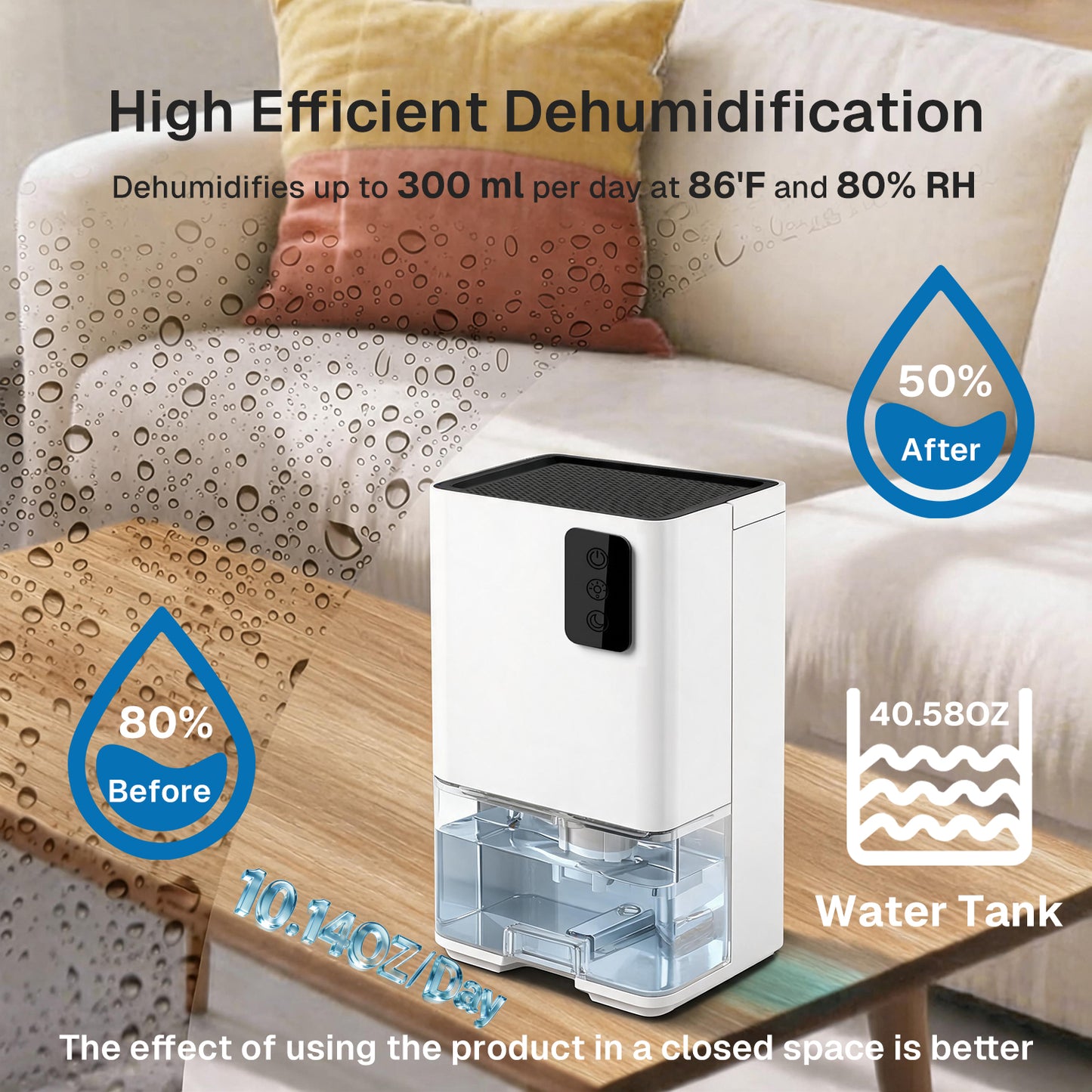 Behome Small Dehumidifiers,41 OZ Dehumidifier Quiet with Auto Shut Off，323 sq.ft Dehumidifiers for Bedroom, Bathroom, RV, 7 Colors LED Light,White