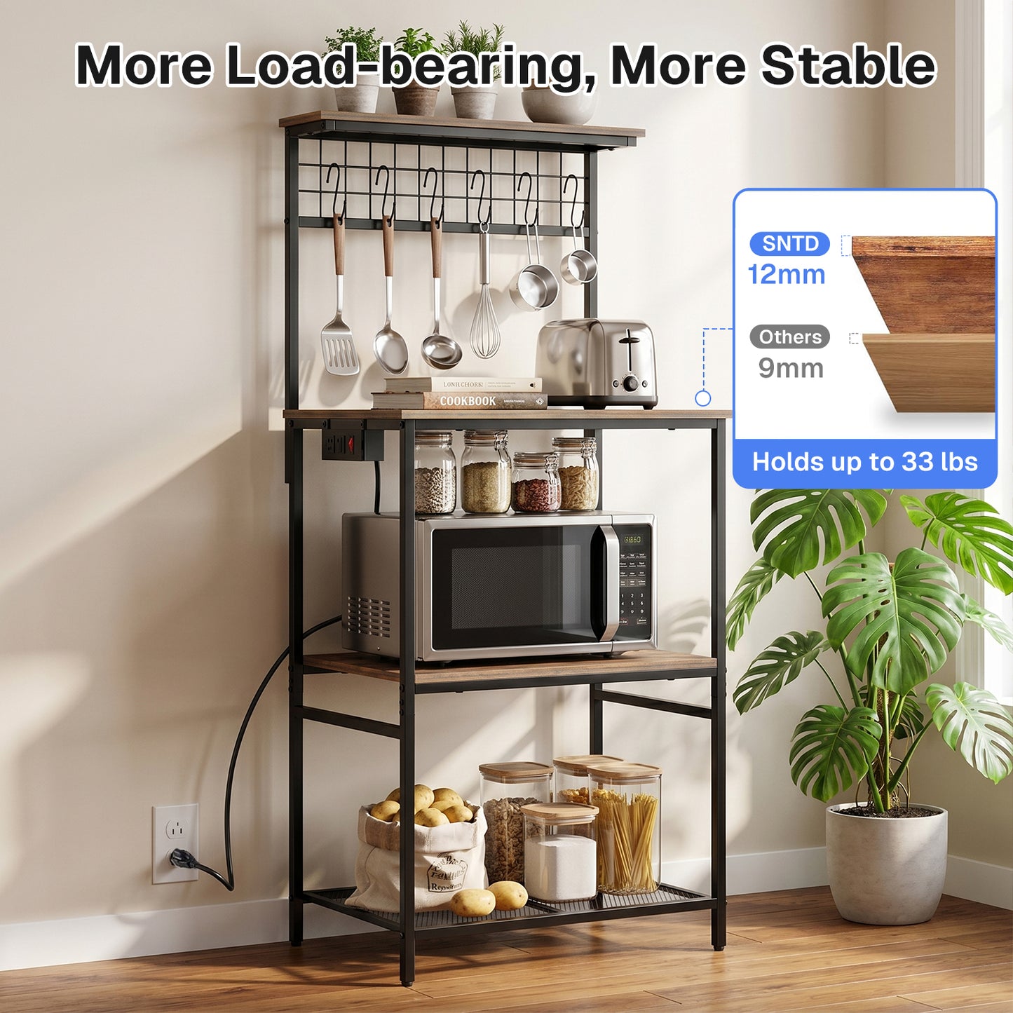 Behome Kitchen Bakers Rack with Power Outlet,Microwave Stand Station with 6 S Hooks,4 Tiers Kitchen Storage Shelf Rack for Kitchen, Dining Room,Living Room,Rustic Brown