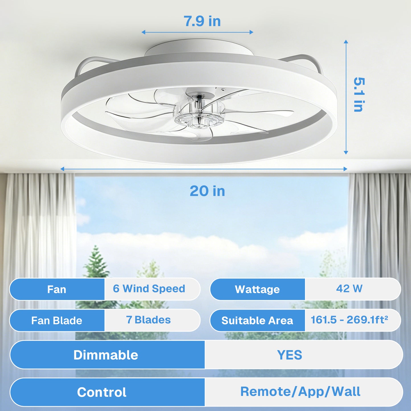 Behome 20" Ceiling Fan, Low Profile Ceiling Fans with Lights and Remote/APP Control, Flush Mount, 6 Speeds & Reversible, 3CCT, Dimmable, Noiseless, for Bedroom, Living Room