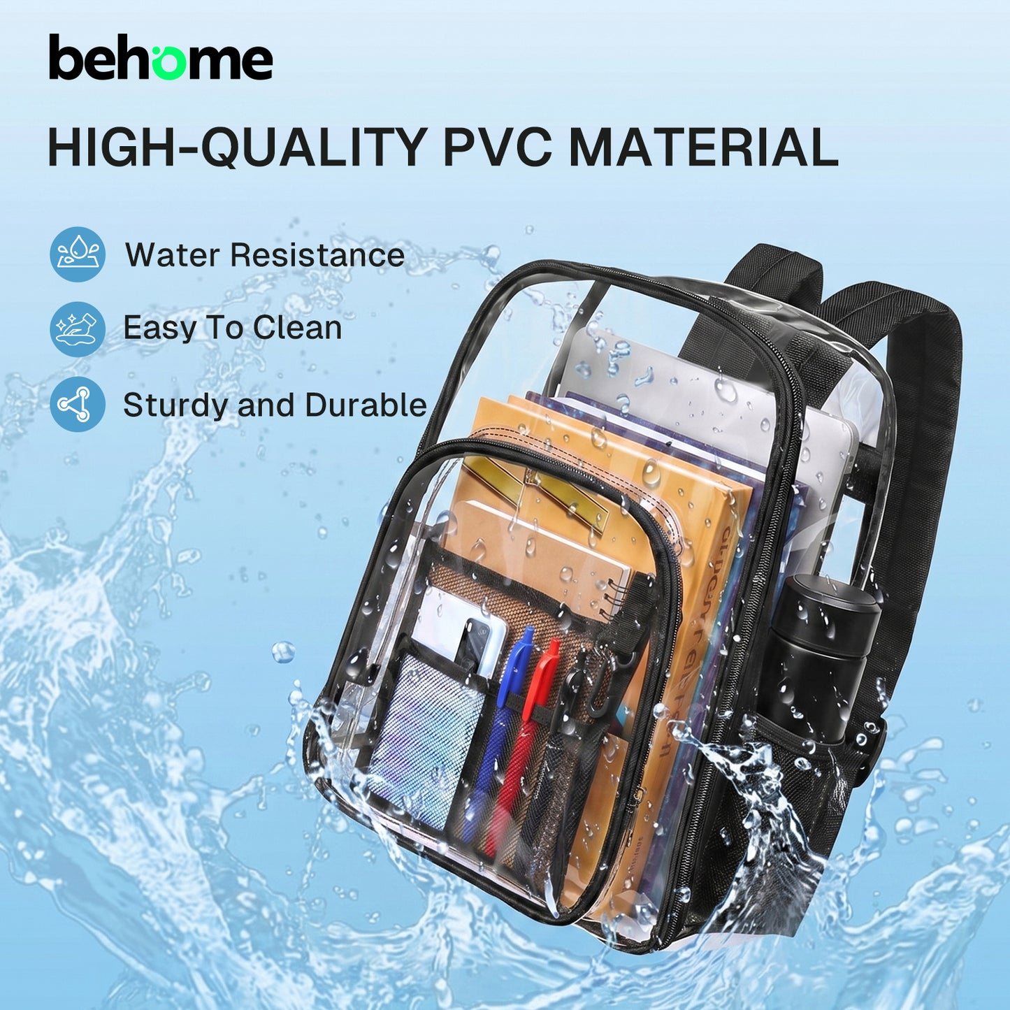 Behome Clear Backpack Heavy Duty PVC, Large Capacity Transparent Backpack with Reinforced Shoulder Straps, Waterproof Clear Bag for Stadium Events, School, Concerts, Festivals