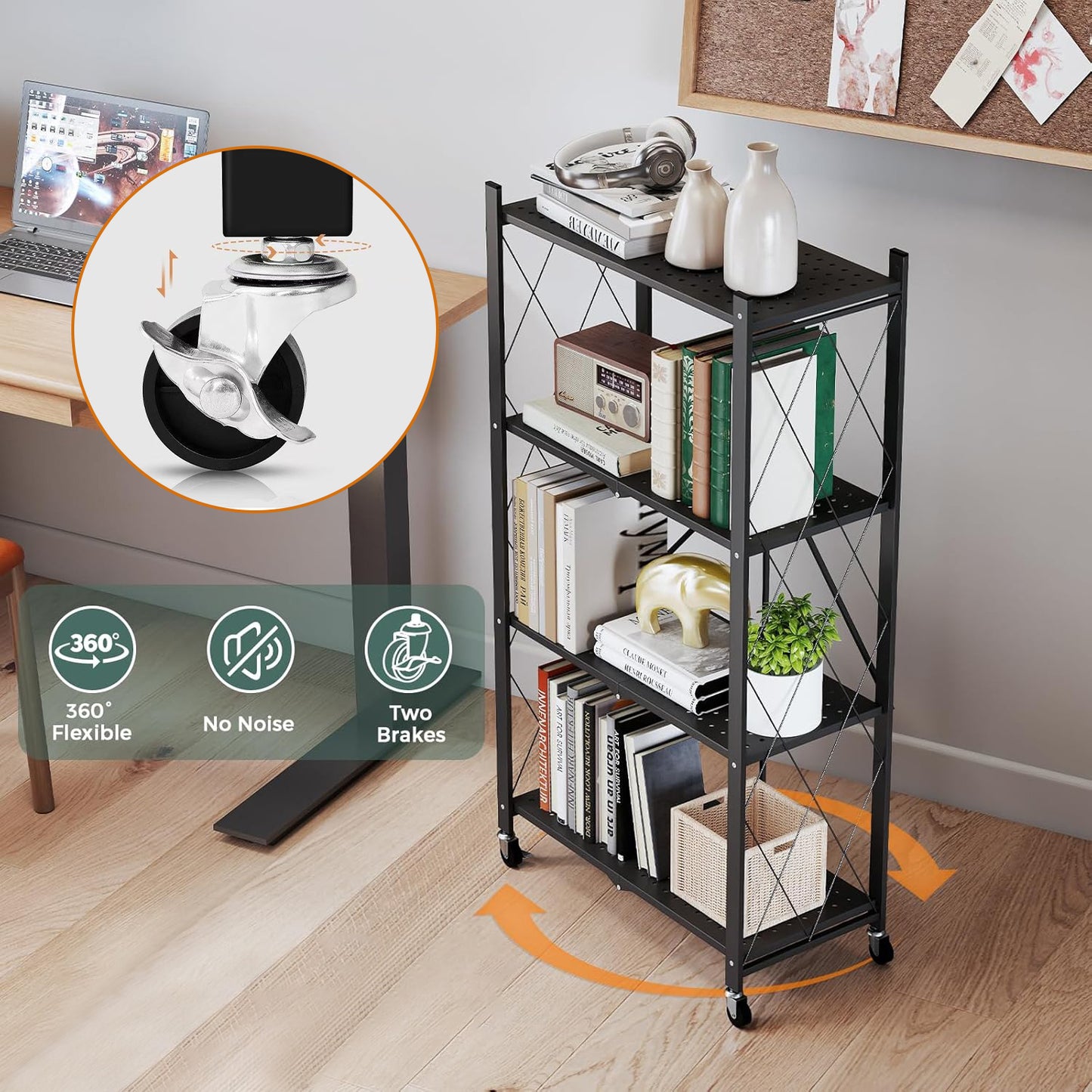 Behome 4 Tier Foldable Storage Shelves with Wheels, 28.1"x 13.4"x 50.2" Metal Shelving, No Assembly Storage Rack for Garage Kitchen, Basement, Pantry