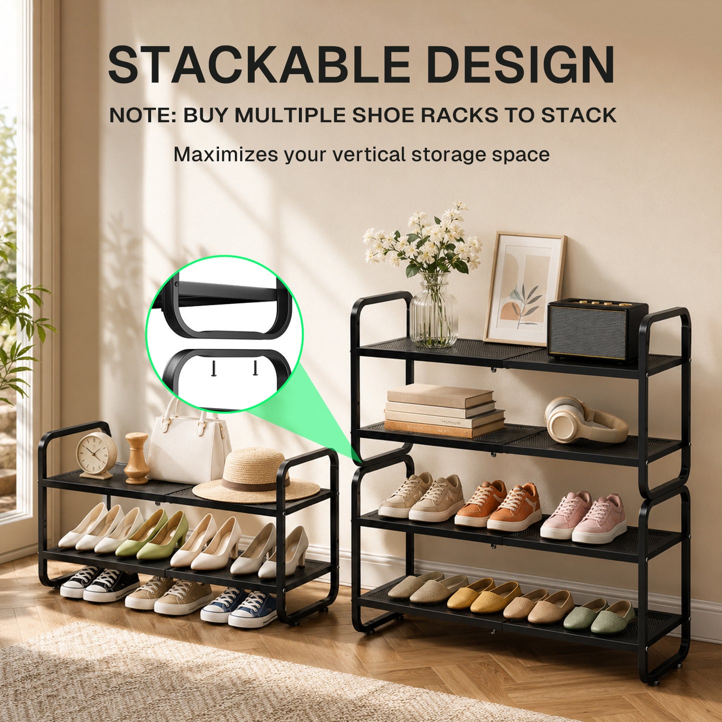 Behome 2-Tier Expandable Shoe Rack, Metal Shoe Shelf Storage, Adjustable Shoes Organizer for Closet, Entryway, Hallway, Garage, Front Door