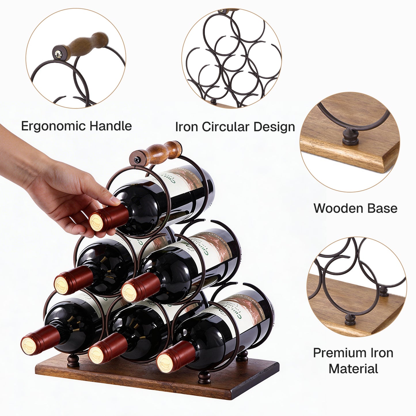 Behome Countertop Wine Rack, 6 Bottles Tabletop Wine Bottle Holder, Wood Handle & Base, for Home Decor, Bar, Wine Cellar, Cabinet, Pantry, etc