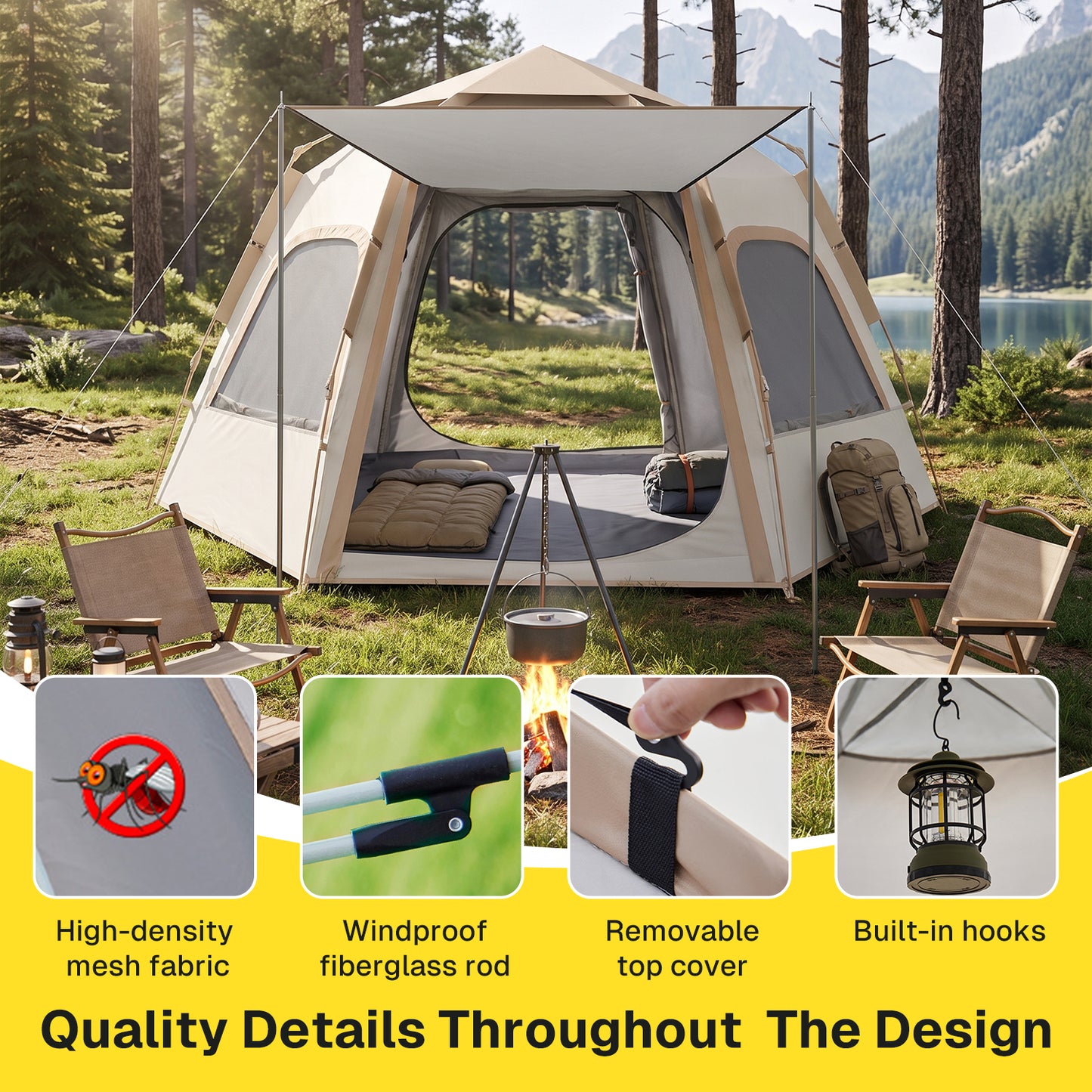 BN-LINK 5-8 Person Camping Tent, Waterproof Windproof Pop Up Tent with 2 Doors, 4 Large Mesh Windows, Automatic Setup Instant Tents for Camping, Hiking & Traveling,Beige