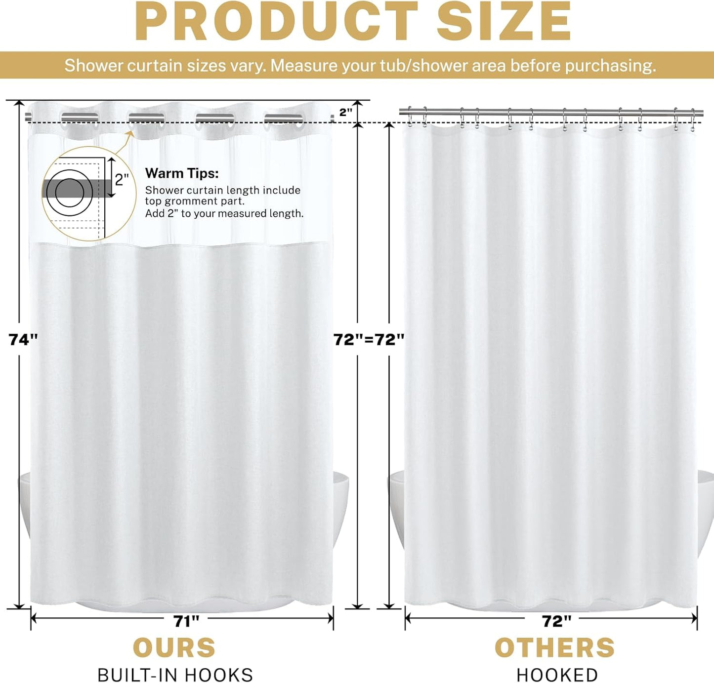 Behome Shower Curtain, Double-layer Waterproof Waffle-textured Thick Fabric Shower Curtain, Bath Curtain Set for Bathroom, 71Wx74H, White