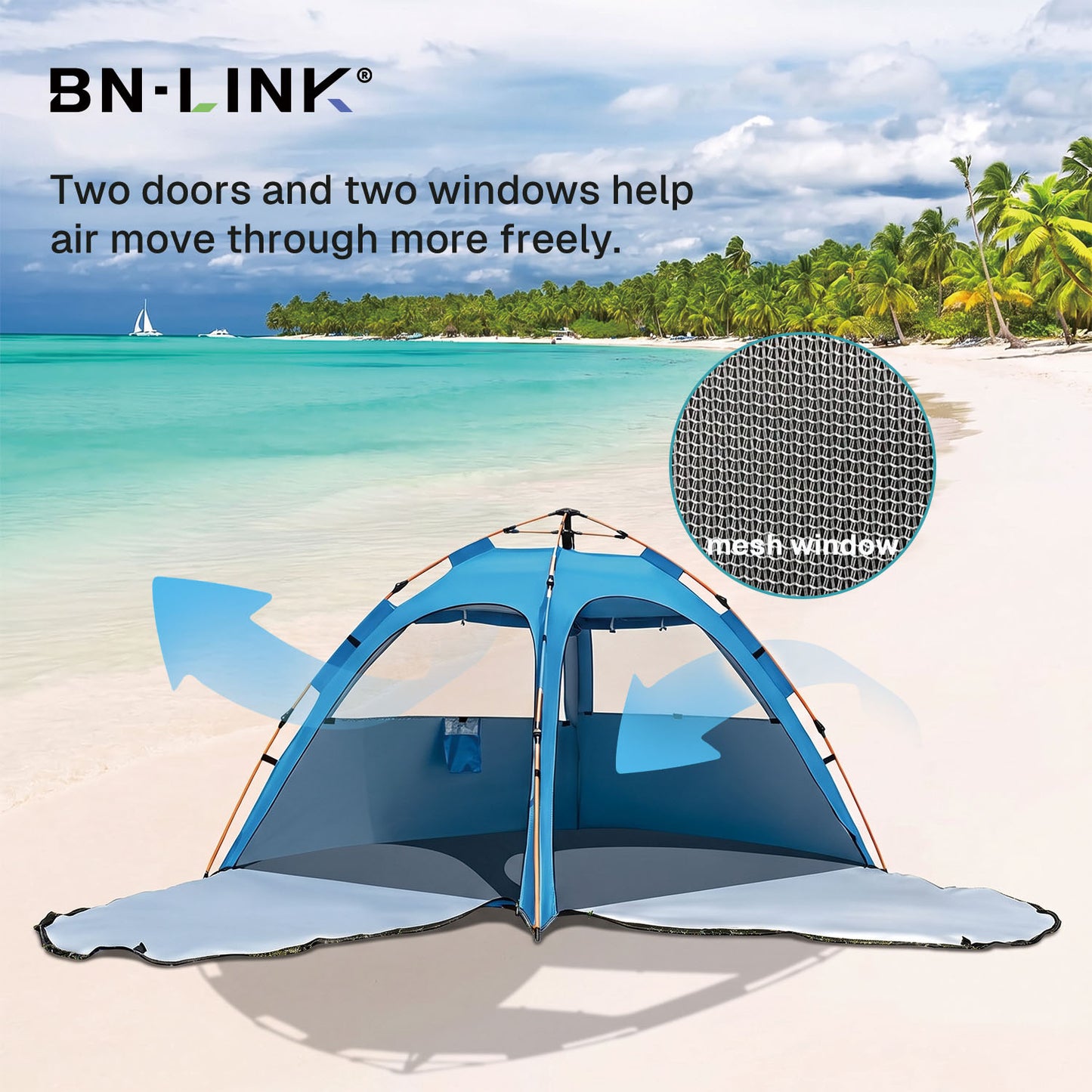 BN-LINK Pop up Beach Tent, 2-3 Person Beach Tent Sun Shelter, Breathable Mesh Window,UPF 50+ UV Protection,Portable Lightweight Beach Shade for Outdoor Camping, Fishing, Family Picnics,Blue