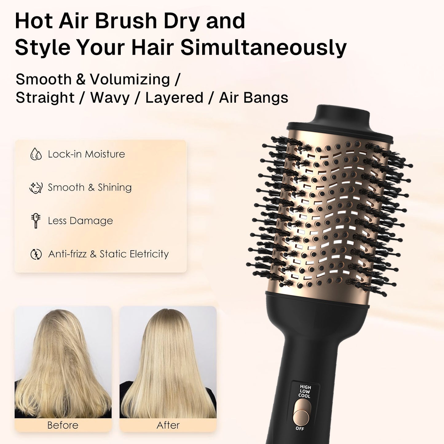 Behome Hair Dryer Brush, 4-in-1 Blow Dryer Brush with Oval Ceramic Barrel,Hot Air Brush for Fast Styling,Frizz-Free,Voluminous Blowouts, Gold Black