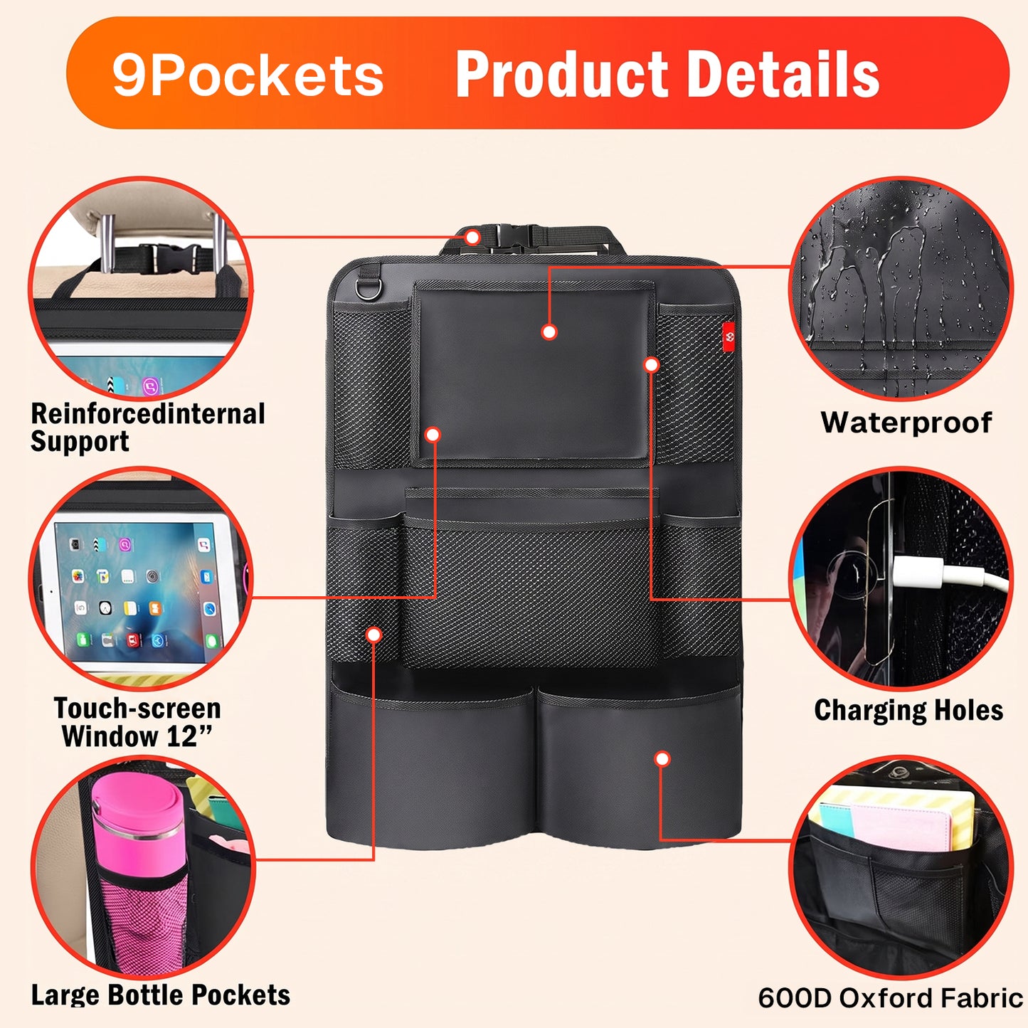 BN-LINK 2 Pack Backseat Car Organizer, Kick Mats Back Seat Protector with Touch Screen Tablet Holder & 9 Storage Pockets, Back Seat Organizer for Road Trip & Essentials Travel