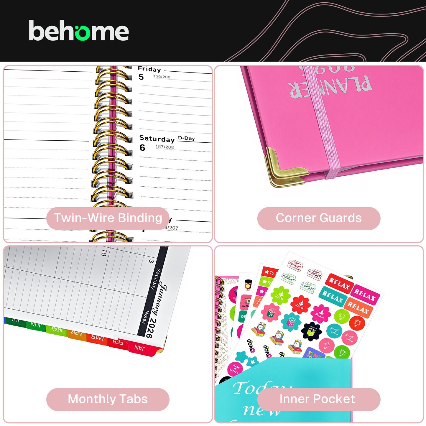 Behome Planner 2026-2027, Academic Monthly & Weekly Planner with Stickers and Tabs, July 2026 - June 2027, 8.5" x 6.5", Hardcover Calendar Planner for School & Office,Pink