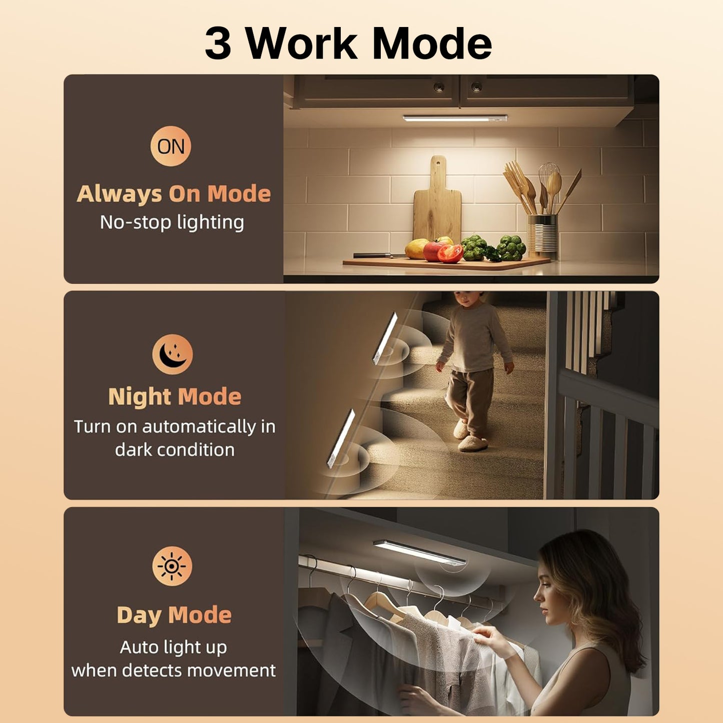 Behome 2 Pack 7.9” Under Cabinet Lighting, Rechargeable Motion Sensor Light Indoor with 3 Colors and Dimmable Brightness & 3 Modes, Wireless Closet Light Under Counter Lightfor Kitchen, Shelf