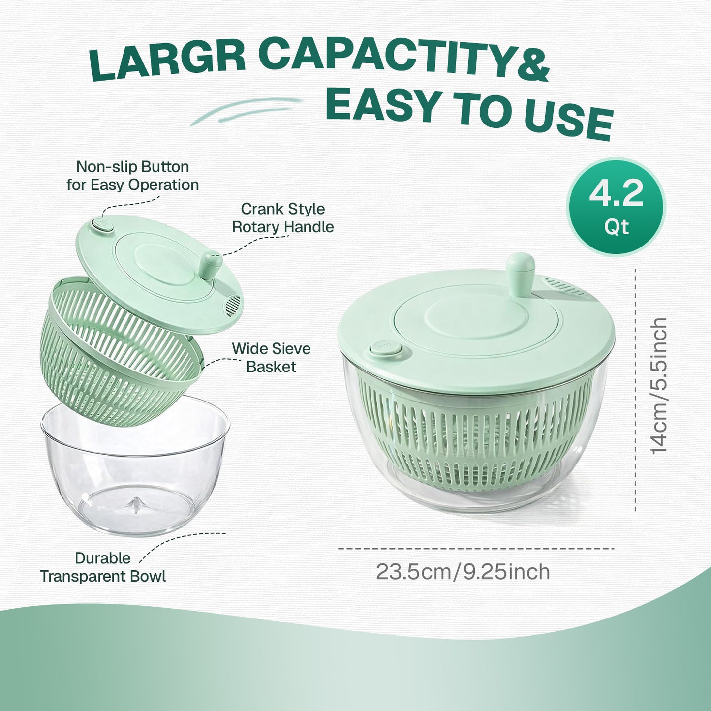 Behome Salad Spinner with Drain, 4.2 Quart Large Lettuce & Fruit Washer with 6 Blades, Multi-Use Lettuce Spinner, Vegetable Dryer for Spinning, and Draining