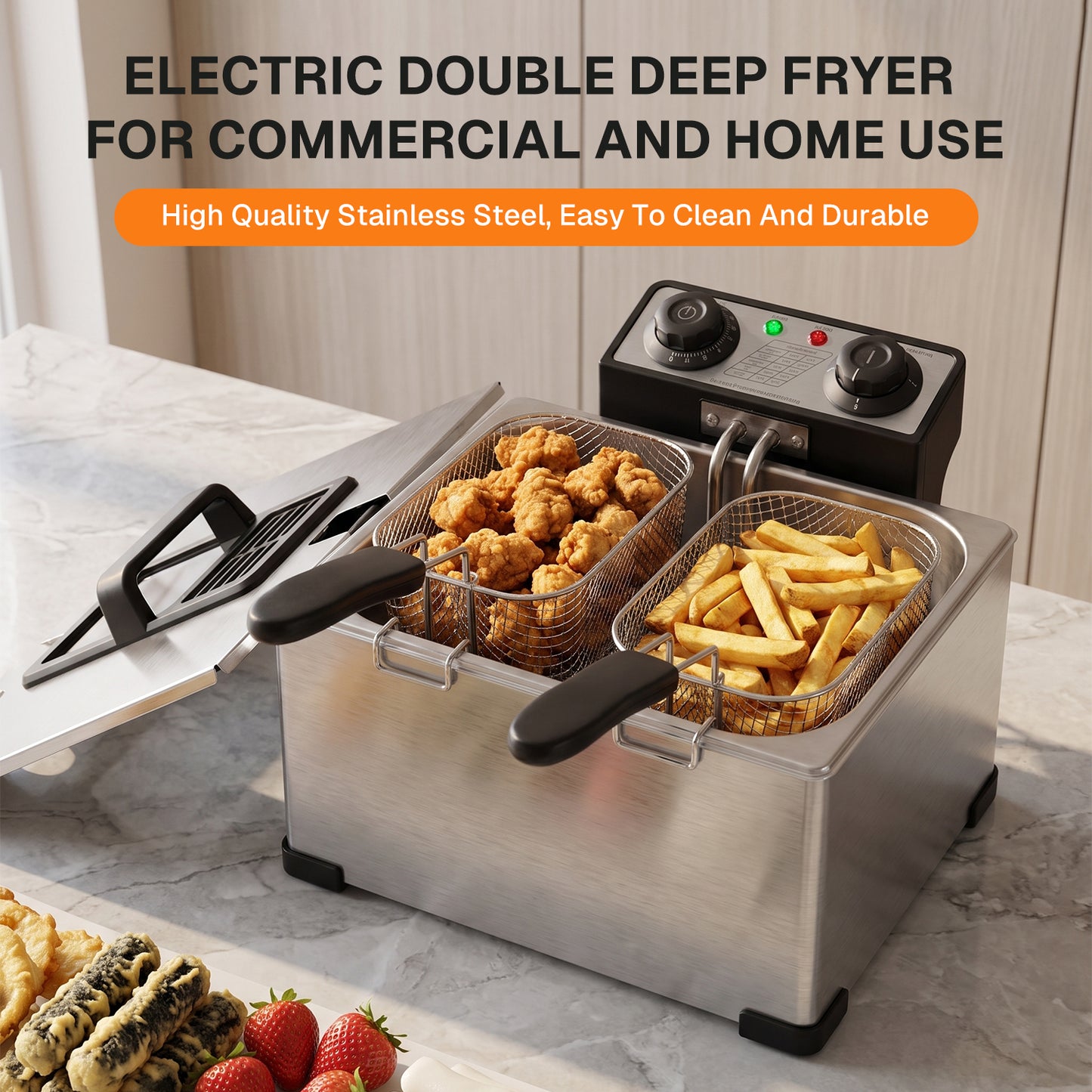 Behome Deep Fryer with 3 Baskets, 1400W 4.5QT/5L Thickened Stainless Steel Countertop Electric Oil Fryer, Easy Clean with Adjustable Temperature & Timer, Silver