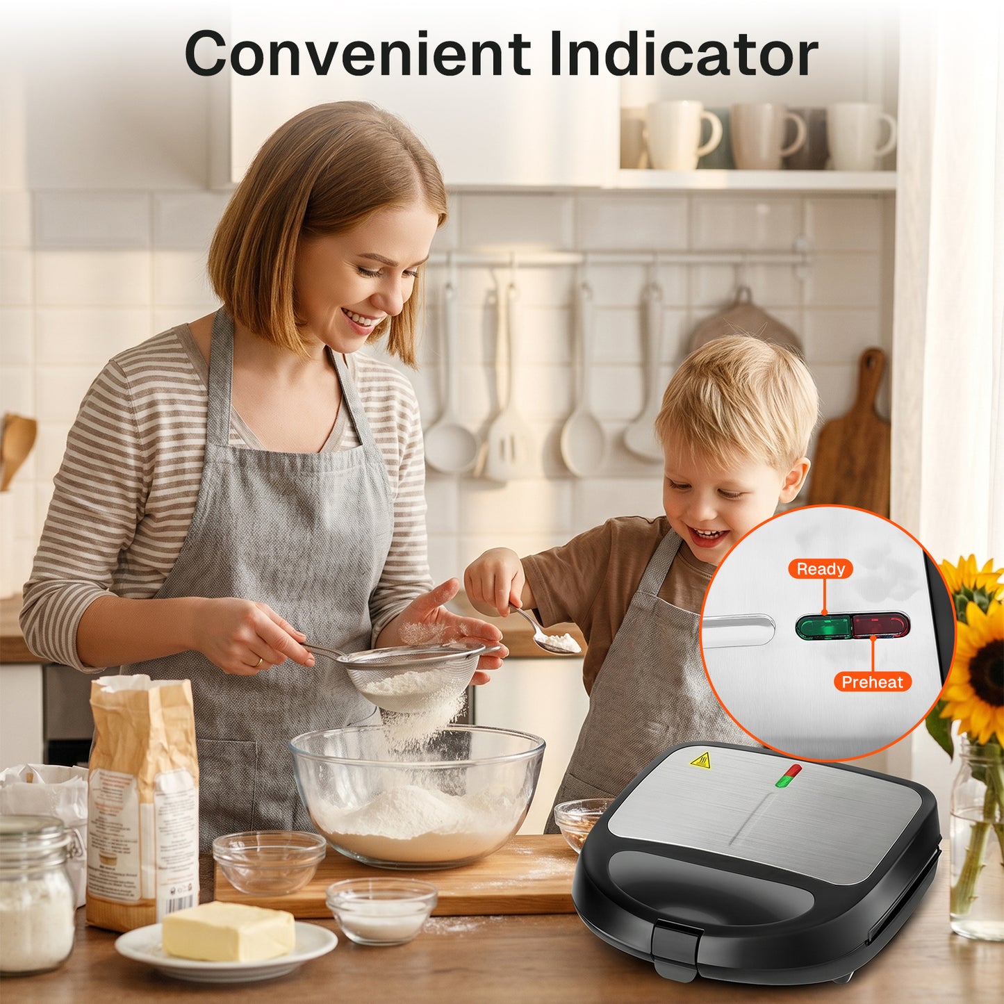 Behome 3 in 1 Waffle Maker with Nonstick Plates, Electric Sandwich Maker with Indicator Light, Sandwich Press Grill for Breakfast, Ham, Steaks, Black