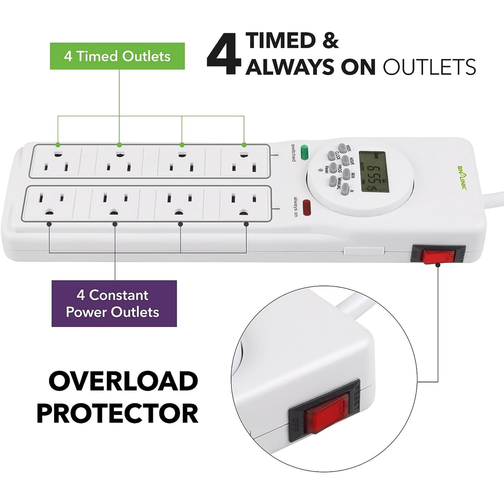 BN-LINK 8 Outlet Surge Protector with 7-Day Digital Timer (4 Outlets Timed, 4 Outlets Always On) - White