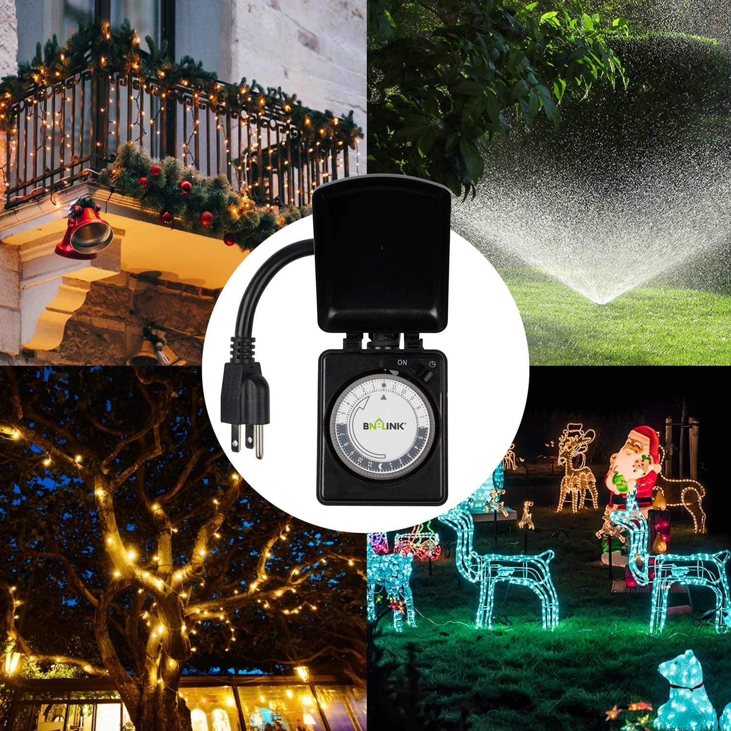 BN-LINK Compact Outdoor Mechanical Timer, 24 Hour Programmable Dual Outlet Timer - Plug in, Waterproof, Heavy Duty, For Lamps Christmas Lights