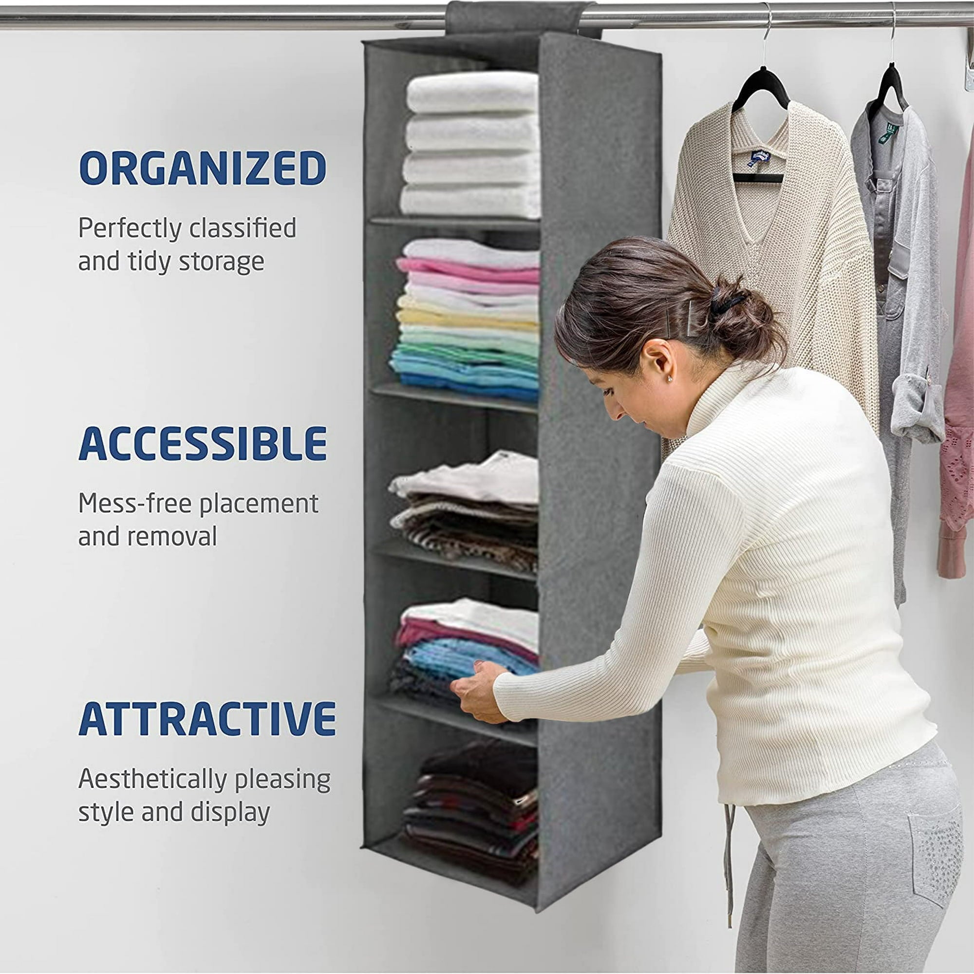 5 Section Hanging Closet Organizer, Heavy Duty Hanging Shelves for Clothes Bags Shoes Toys, Foldable (Grey)