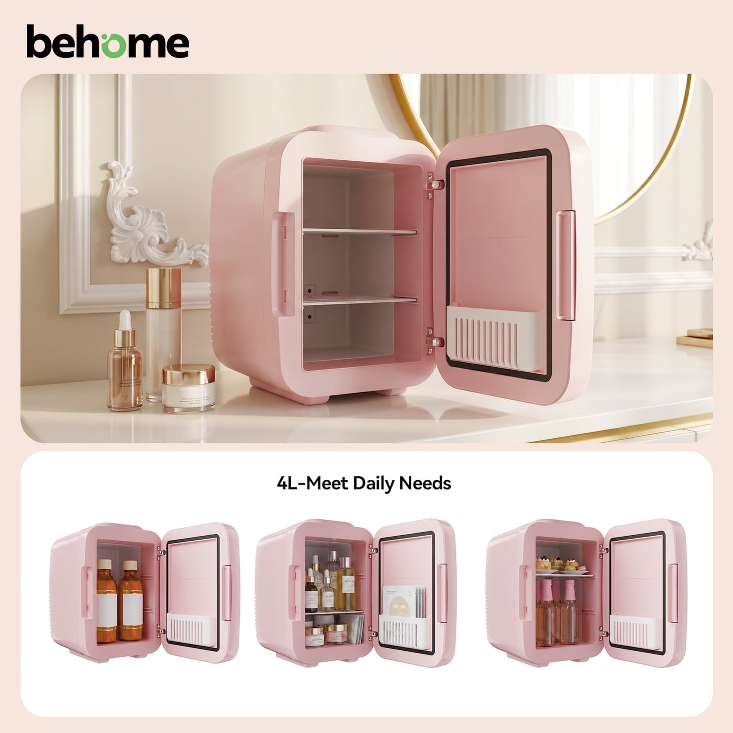Behome 4L Mini Fridge with Mirror & 3 Brightness Levels, Quiet Small Fridge Cooler & Warmer, Mini Refrigerator for Bedroom, Office, Car, for Food, Drinks, Skincare & Makeup
