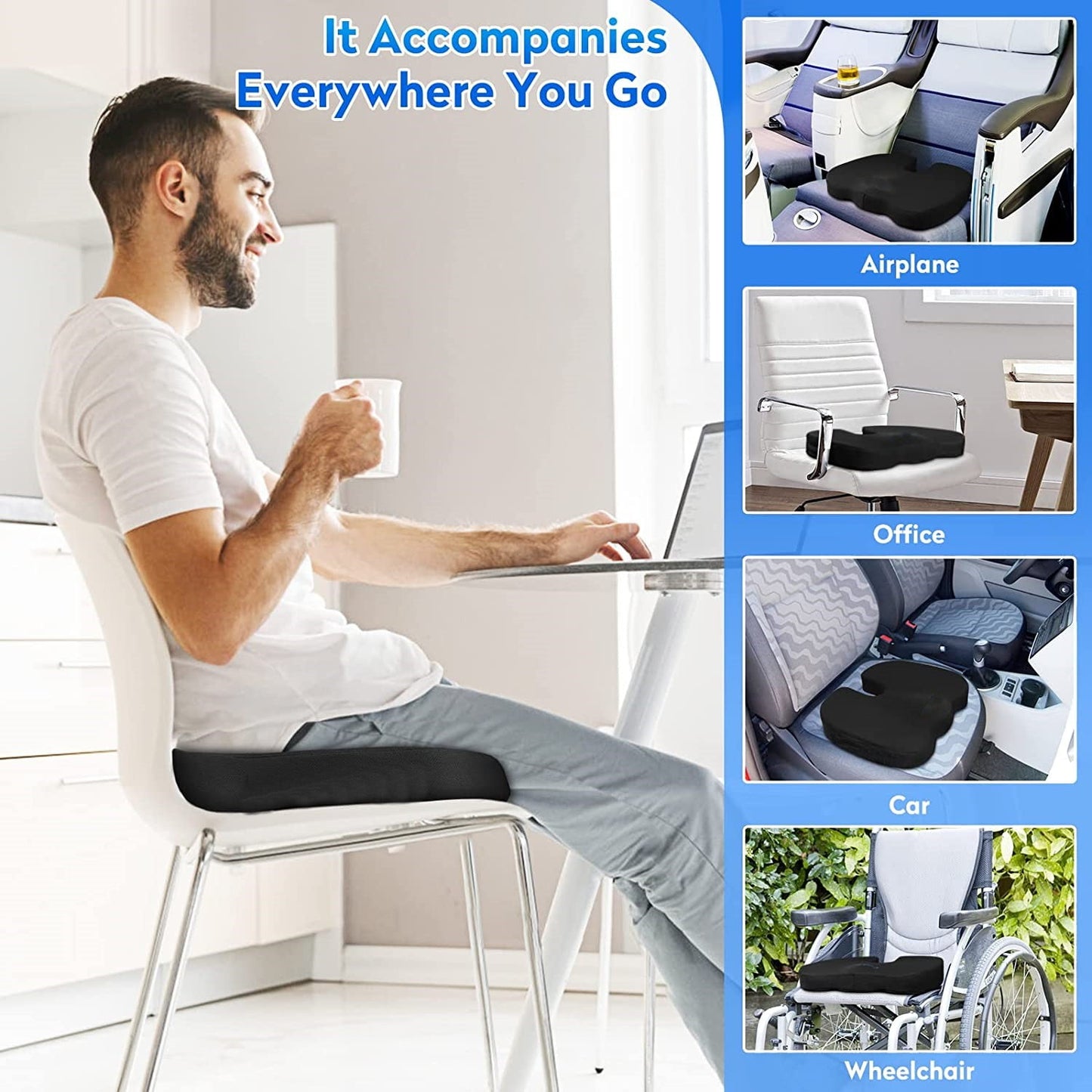 BN-LINK Seat Cushion, Office Chair Cushions Butt Pillow for Car Long Sitting, Memory Foam Chair Pad for Back, Tailbone Pain Relief (Black)