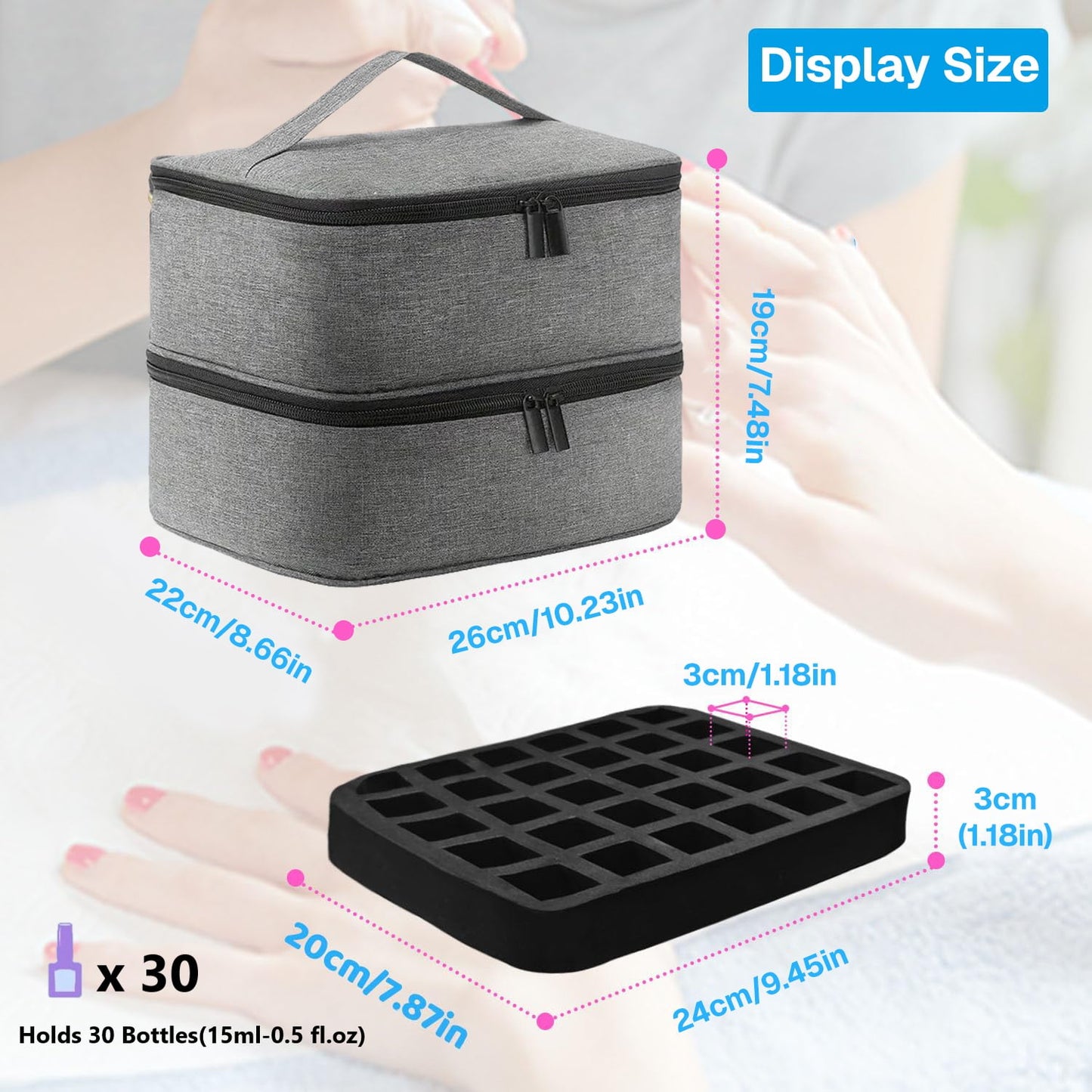 Behome Double Layers Nail Polish Organizer Bag, Nail Kit Organizer Holds 30 Bottles & Nail Lamp, Nail Polish Carrying Case with Manicure Tools Storage Sections, Grey