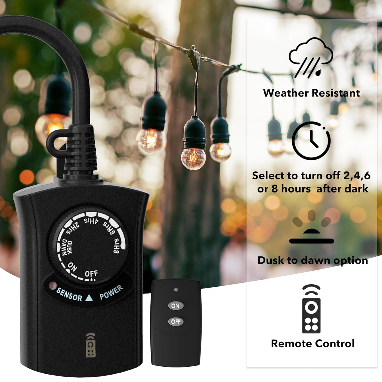 HBN Outdoor Light Timer Waterproof, Weatherproof Photocell Dusk to Dawn Light Sensor Timer with Remote Control, 2/4/6/8 Countdown Timer, 1 Grounded Outlet for Christmas Lights，1875W 15A 1/2HP