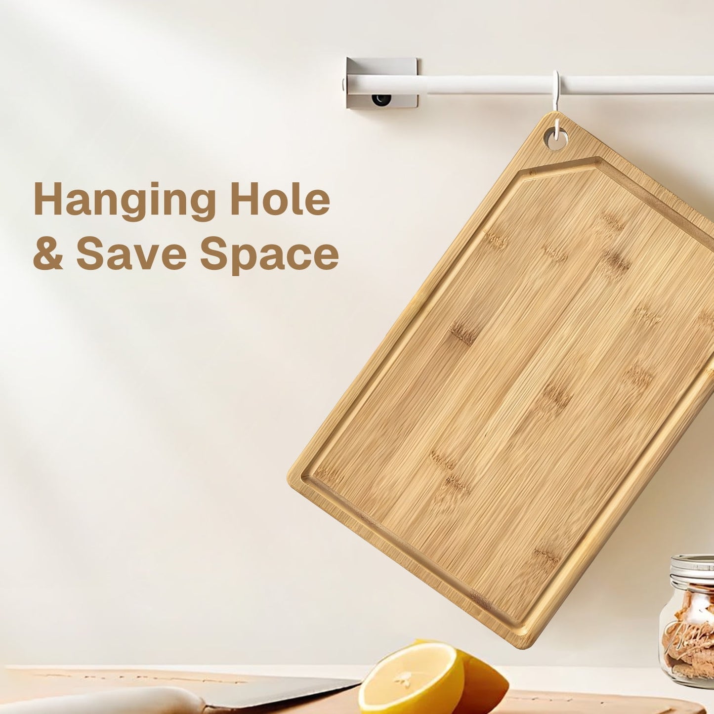 Behome Bamboo Cutting Board for Kitchen, Extra Large Wood Chopping Board with Hanging Hole and Deep Juice Groove, Serving Boards for Meat, Vegetables & Fruits, 18.0" x 11.81"