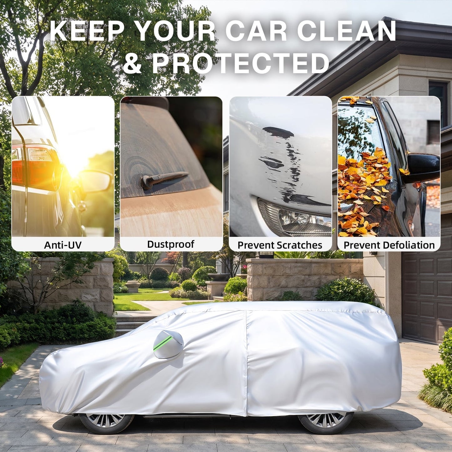 BN-LINK 2-Layer Car Cover Waterproof All Weather, Car Covers for Automobiles with Reflective Strips & Side Zipper, Sun Wind Rain Snow UV Protection Full Exterior Covers for SUV