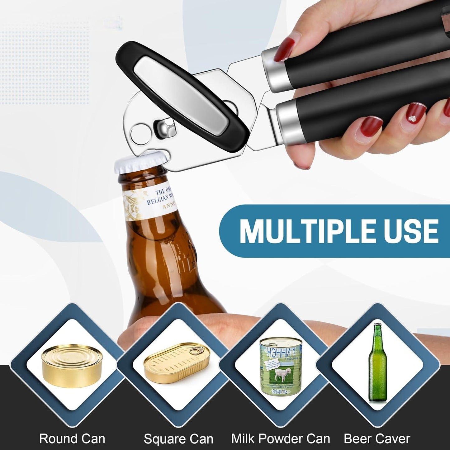 Behome Can Opener with Bottle Opener, Heavy Duty Manual Can Opener with With Turn Knob & Soft Handle, for Kitchen Seniors Friendly, Black
