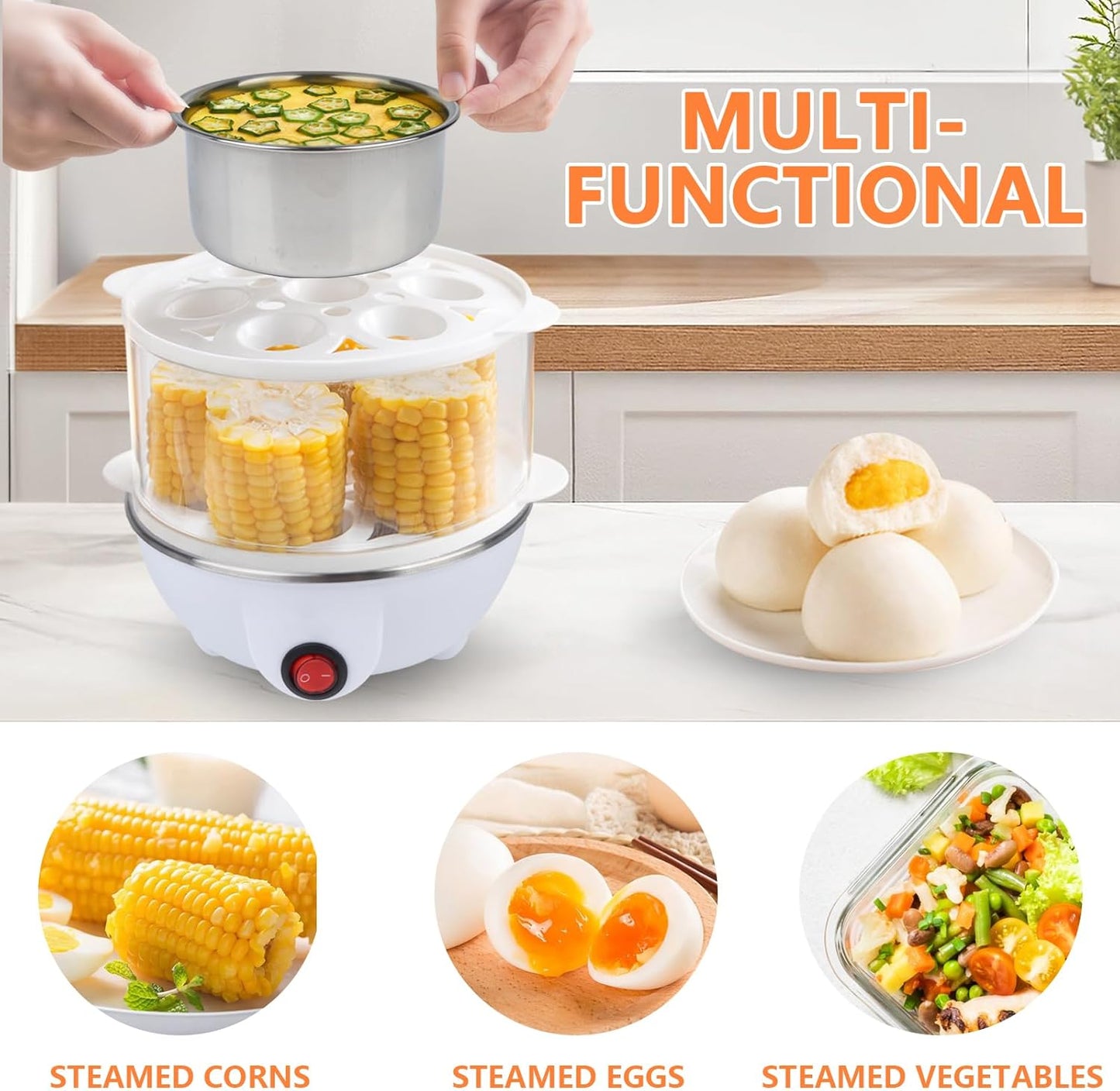 Behome Rapid Electric Egg Cooker 14 Egg Capacity,Double-Layer Lazy Egg Boiler,Multifunction Heated Maker Egg Poacher & Vegetable Steamer