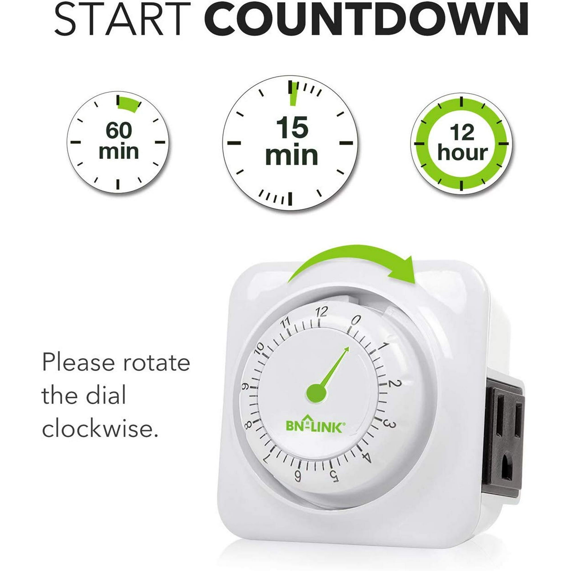 BN-LINK 12 Hour Indoor Mechanical Accurate Countdown Timer, 3-Prong Grounded Outlet, 15 Minute Increments, Energy Saving for Kitchen, Phone Charger, Lamps, Holiday Decoration 1875W, 1/2 HP,