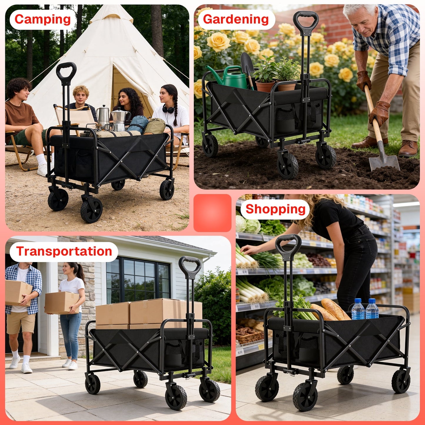 BN-LINK Collapsible Wagon Cart Max 400lb, Wagons Carts Foldable Carts, Lightweight Portable Utility Shopping Cart with Wheels, Folding Grocery Wagon Cart for Grocery, Camping, Shopping, Beach, Garden
