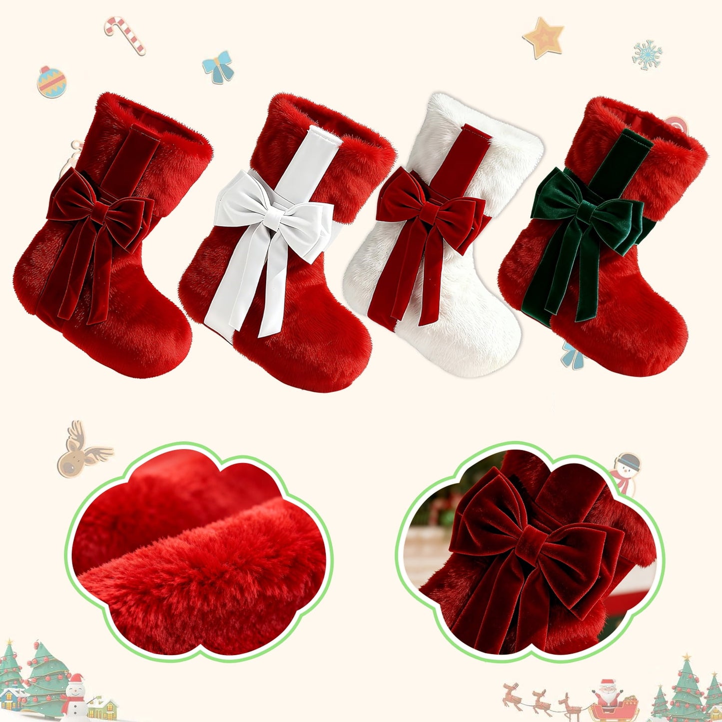 Behome 4 Pack Christmas Stockings, Xmas Plush Stocking Fireplace Decor Hanging Christmas Socks, 18" Holiday Christmas Decoration Gifts for Family Kids