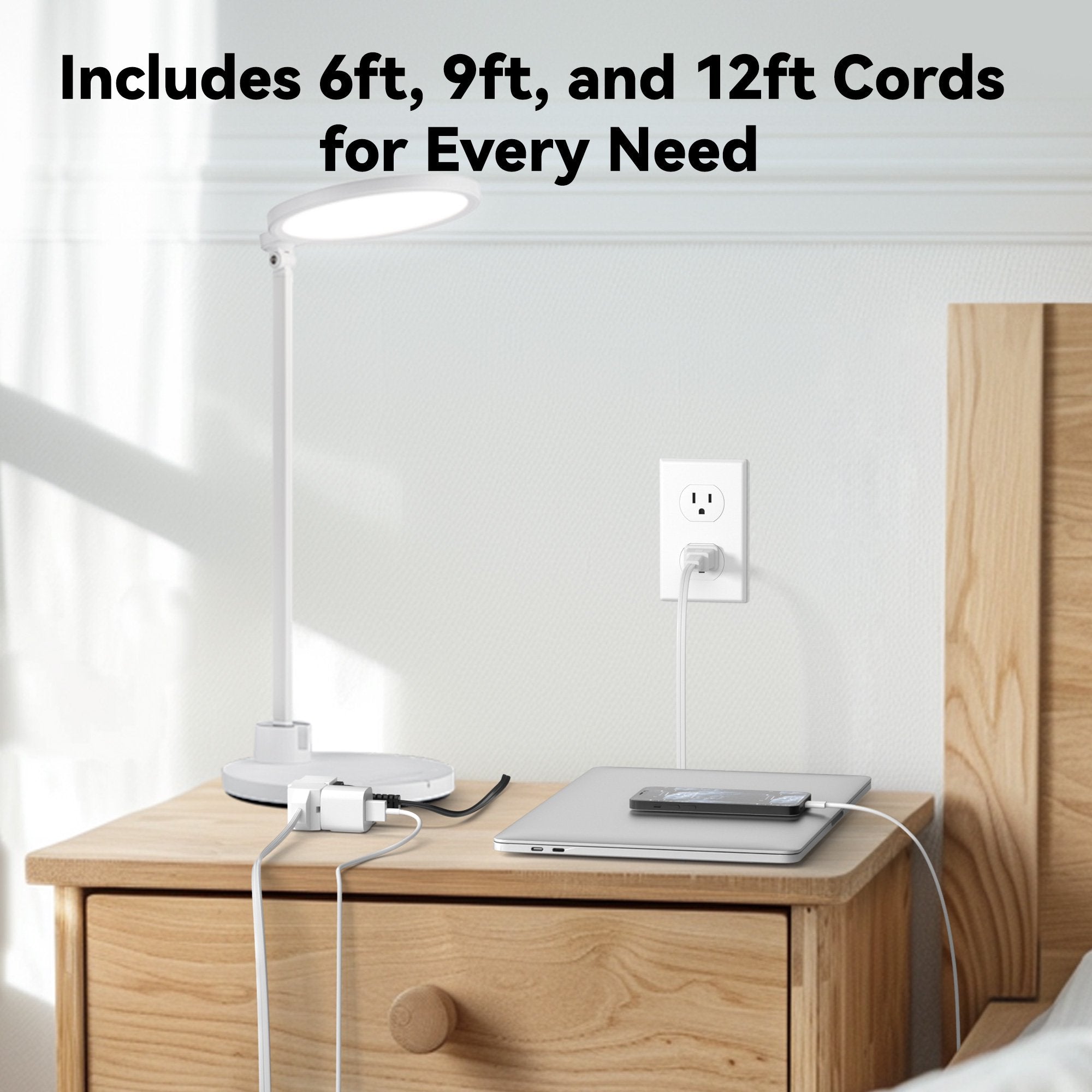 BN-LINK 6/9/12 Ft Indoor Extension Cord, White, 3 Outlets with Safety Cap Included, 2 Prong Polarized Plug, Perfect for Homes, Offices, and Kitchens, 3 Variety Pack