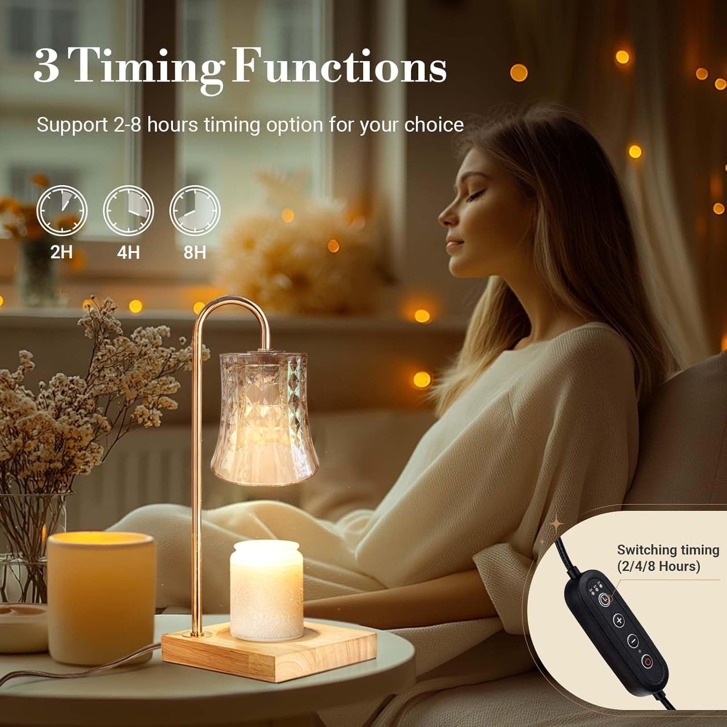 Behome Candle Warmer Lamp with Timer & Dimmer, Wax Melt Warmer with 2 Bulbs for Jar Candles, Home Decoration Gifts for Women, Gold