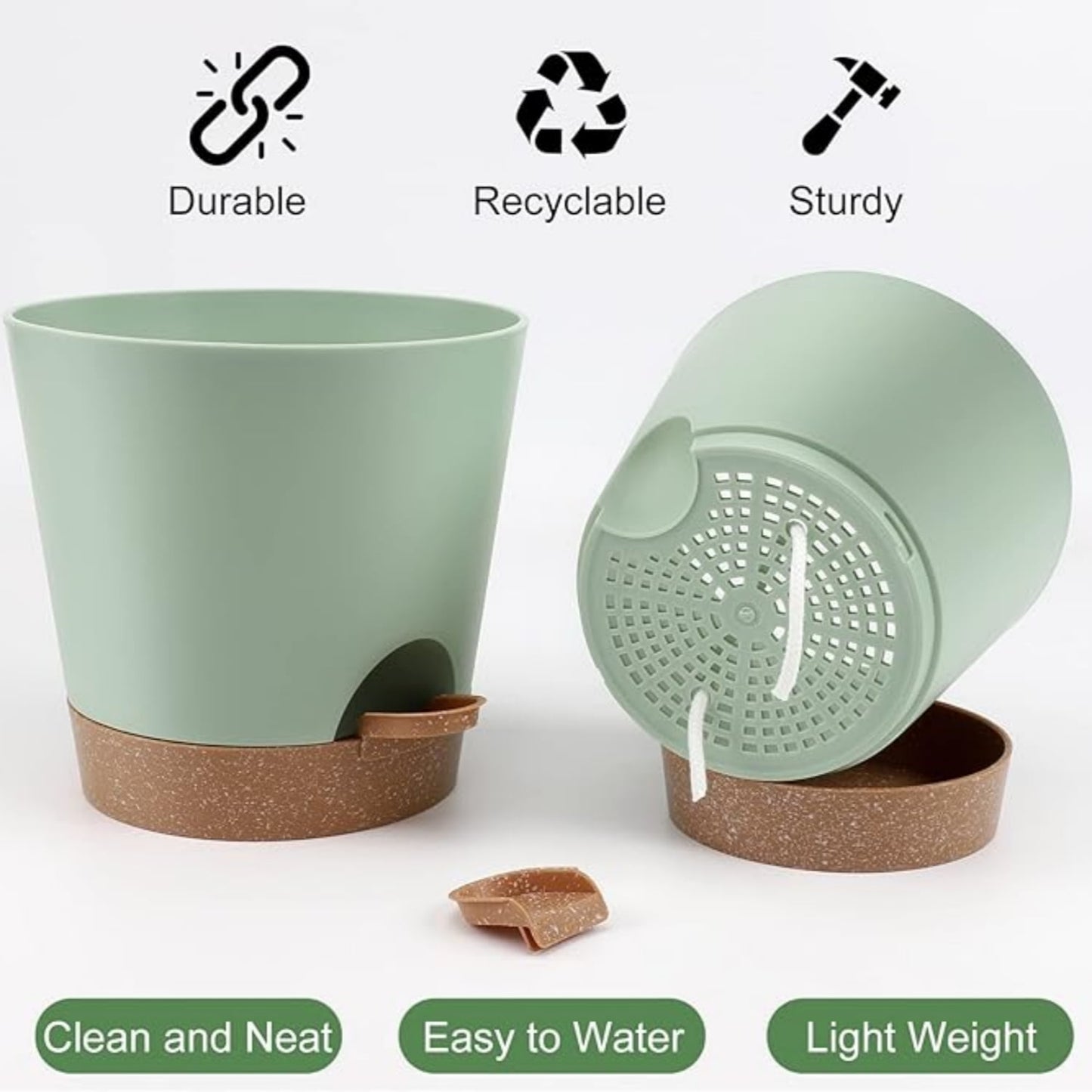 Behome Set of 5 Plant Pots, 5/5.5/6/6.5/7 Inch Indoor Self Watering Planters with Drainage Holes and Saucers, Modern Decorative Planter Pot for All House Plants, Green