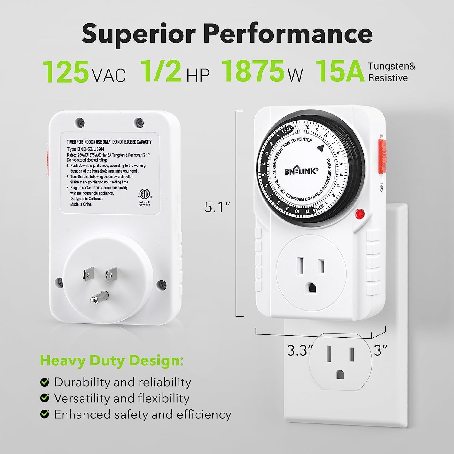 BN-LINK 24 Hour Plug-in Mechanical Timer Outlet, 3 Prong Light Timer, for Grounded Aquarium, Grow Light, Hydroponics, Pets, UL Listed