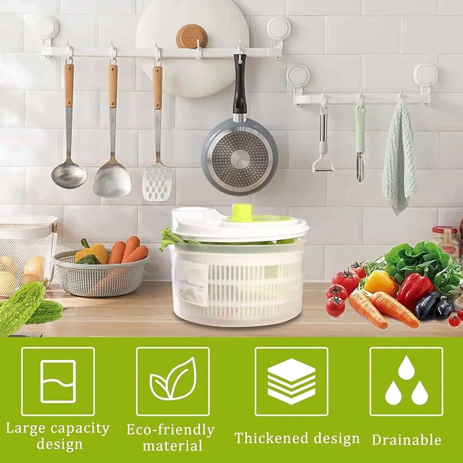 BN-LINK 3L Salad Spinner with Drain, Quick and Easy Multi-Use Lettuce Spinner, Vegetable Dryer, Fruit Washer, Pasta and Fries Spinner