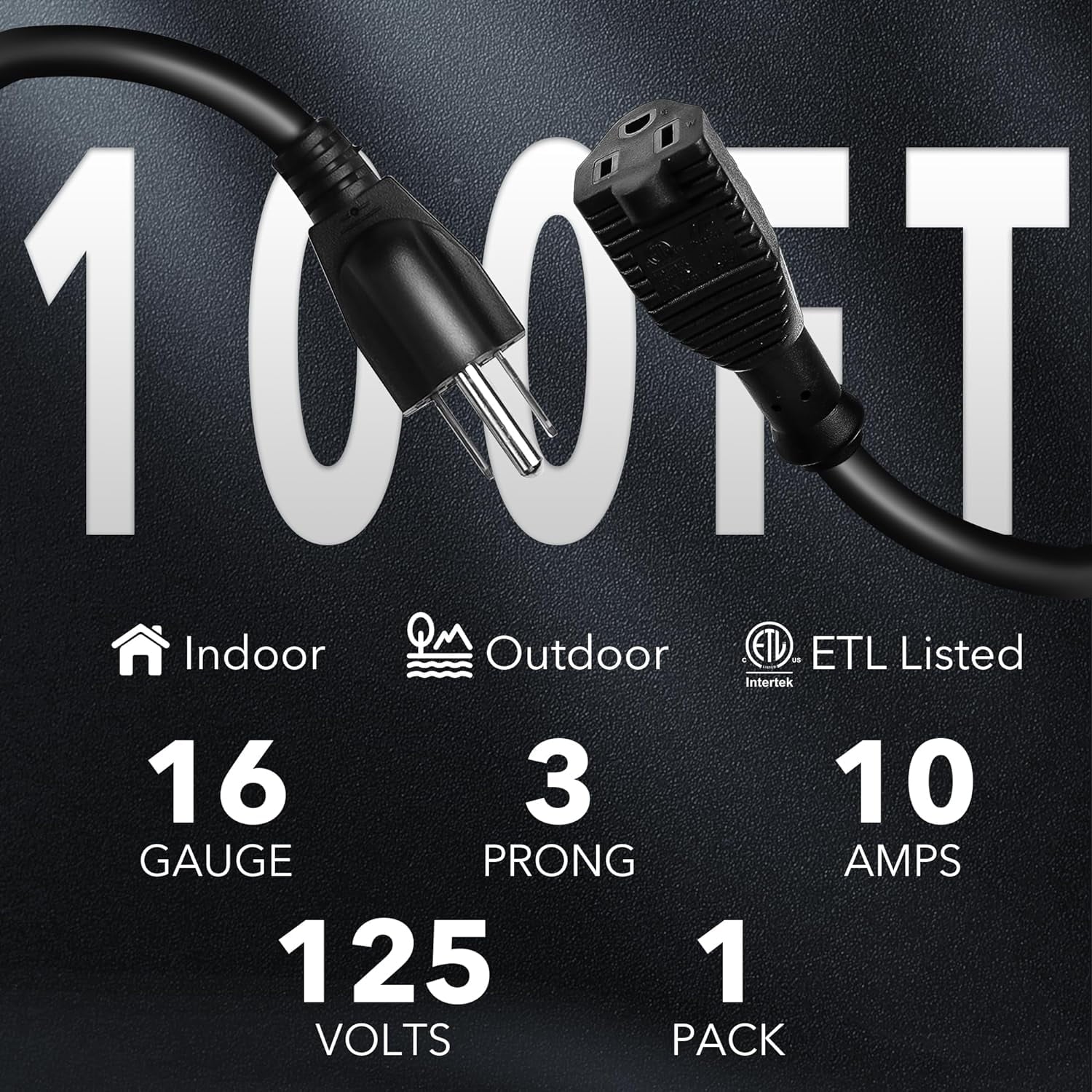 BN-LINK 100 ft Outdoor Extension Cord 16/3 SJTW, Black, PVC Cable Jacket, 3-Prong, Weather Resistant -40℉, Flame Retardant, Suitable for Garden, Yard, Landscaping & Holiday Decorations, 10A 125V ETL